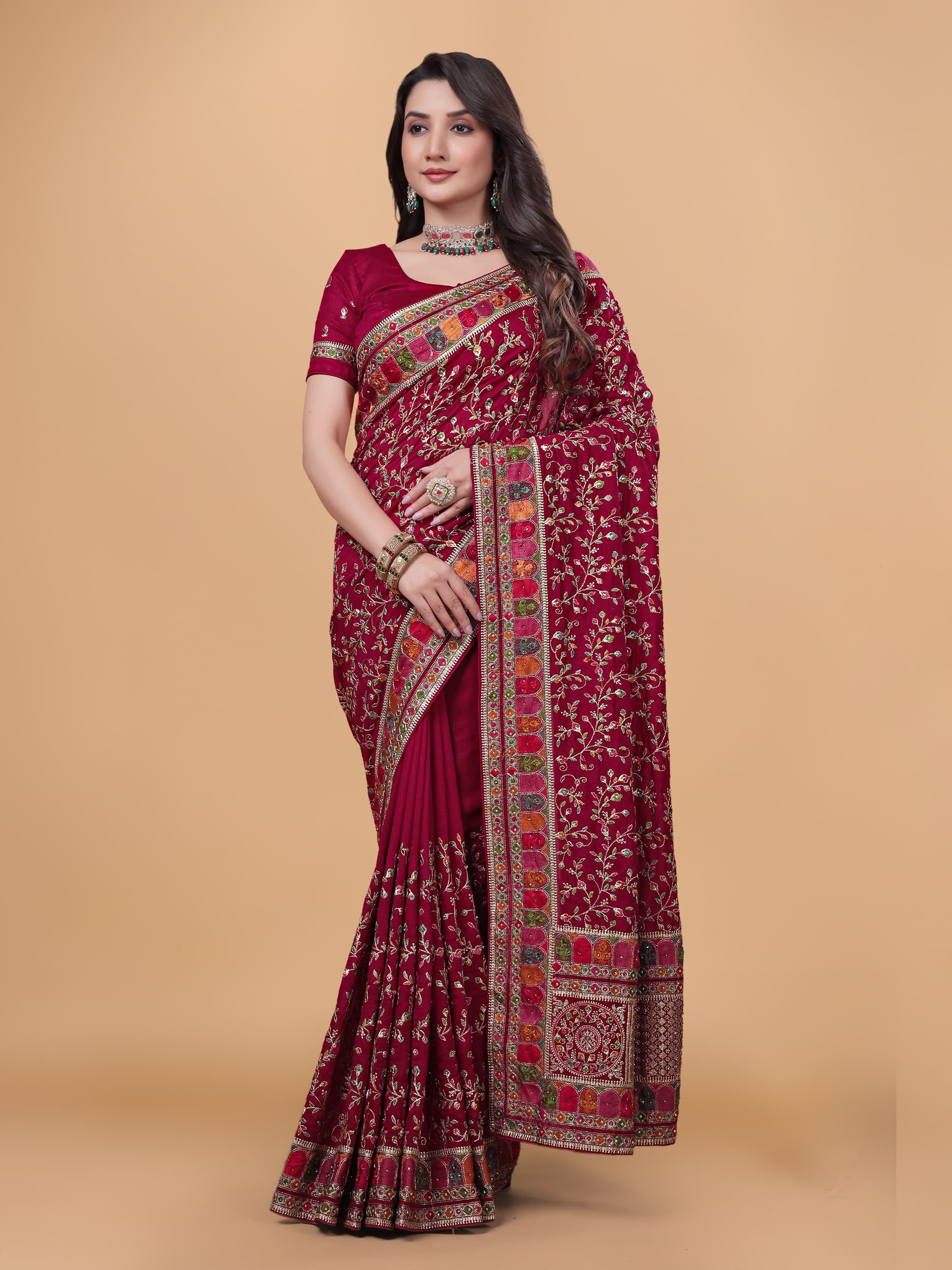 Ritual Styles Cherry Kashmiri Art Embroidered Vichitra Silk Saree image 3