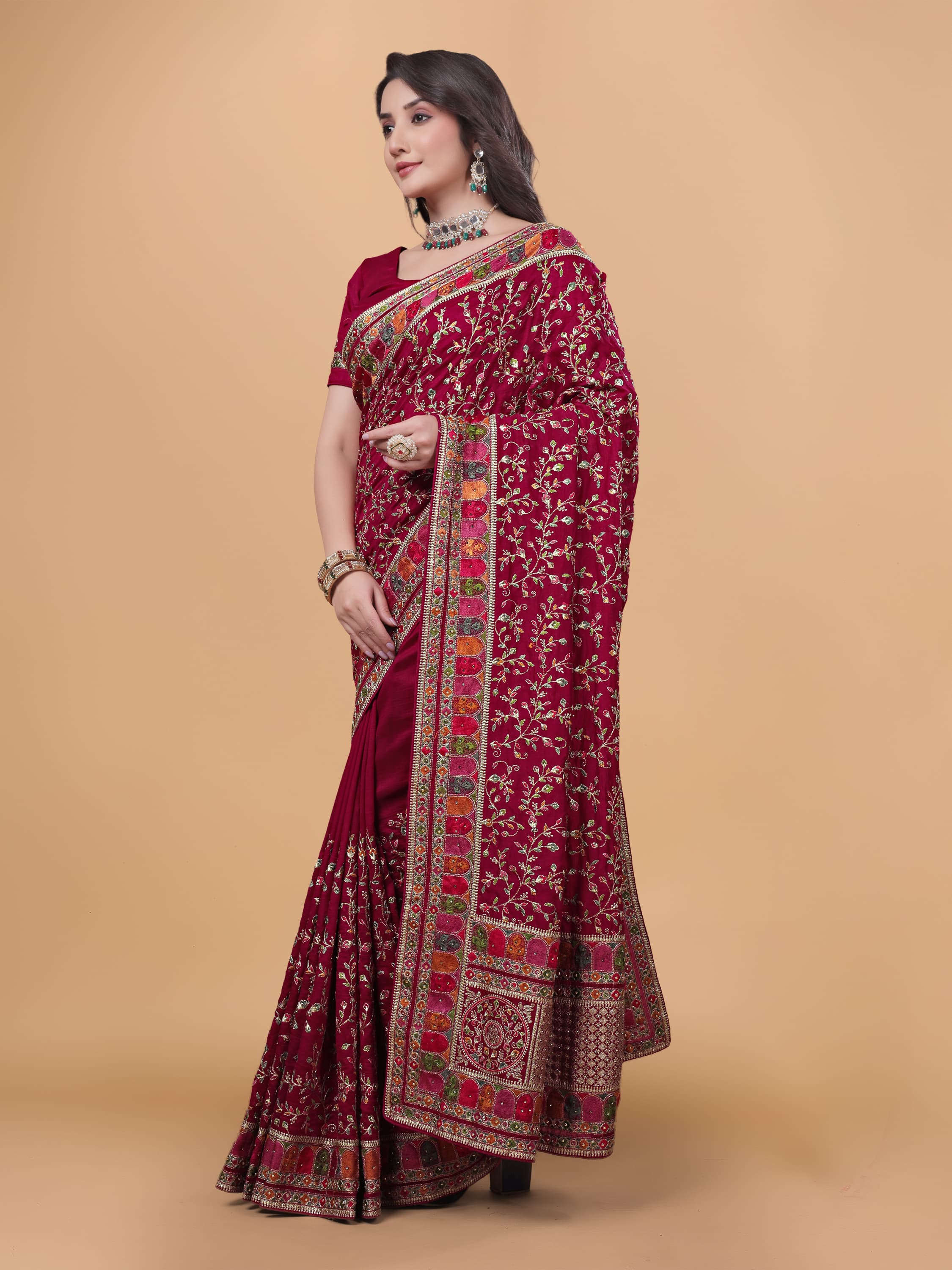 Ritual Styles Cherry Kashmiri Art Embroidered Vichitra Silk Saree image 1