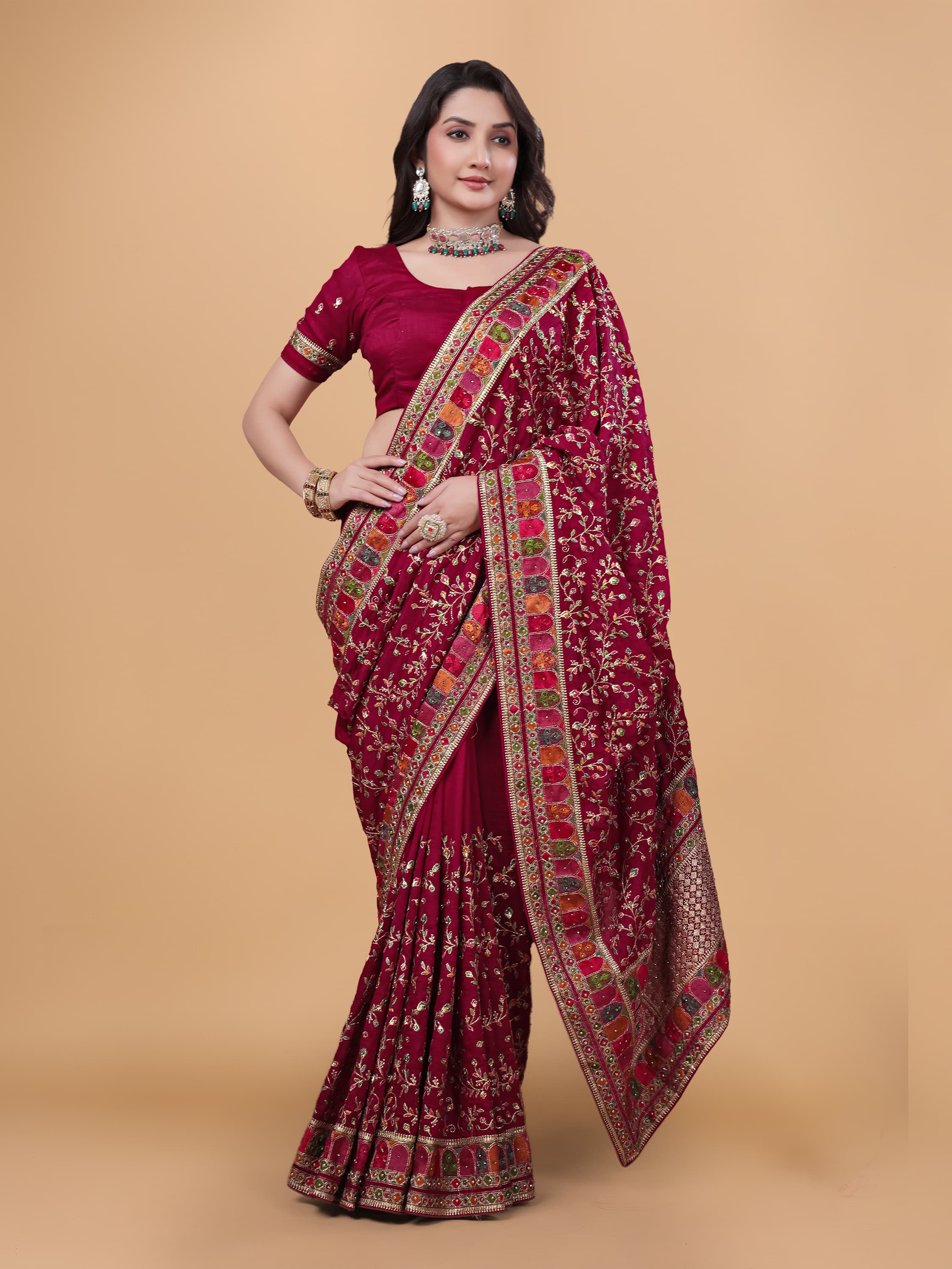 Ritual Styles Cherry Kashmiri Art Embroidered Vichitra Silk Saree image 4