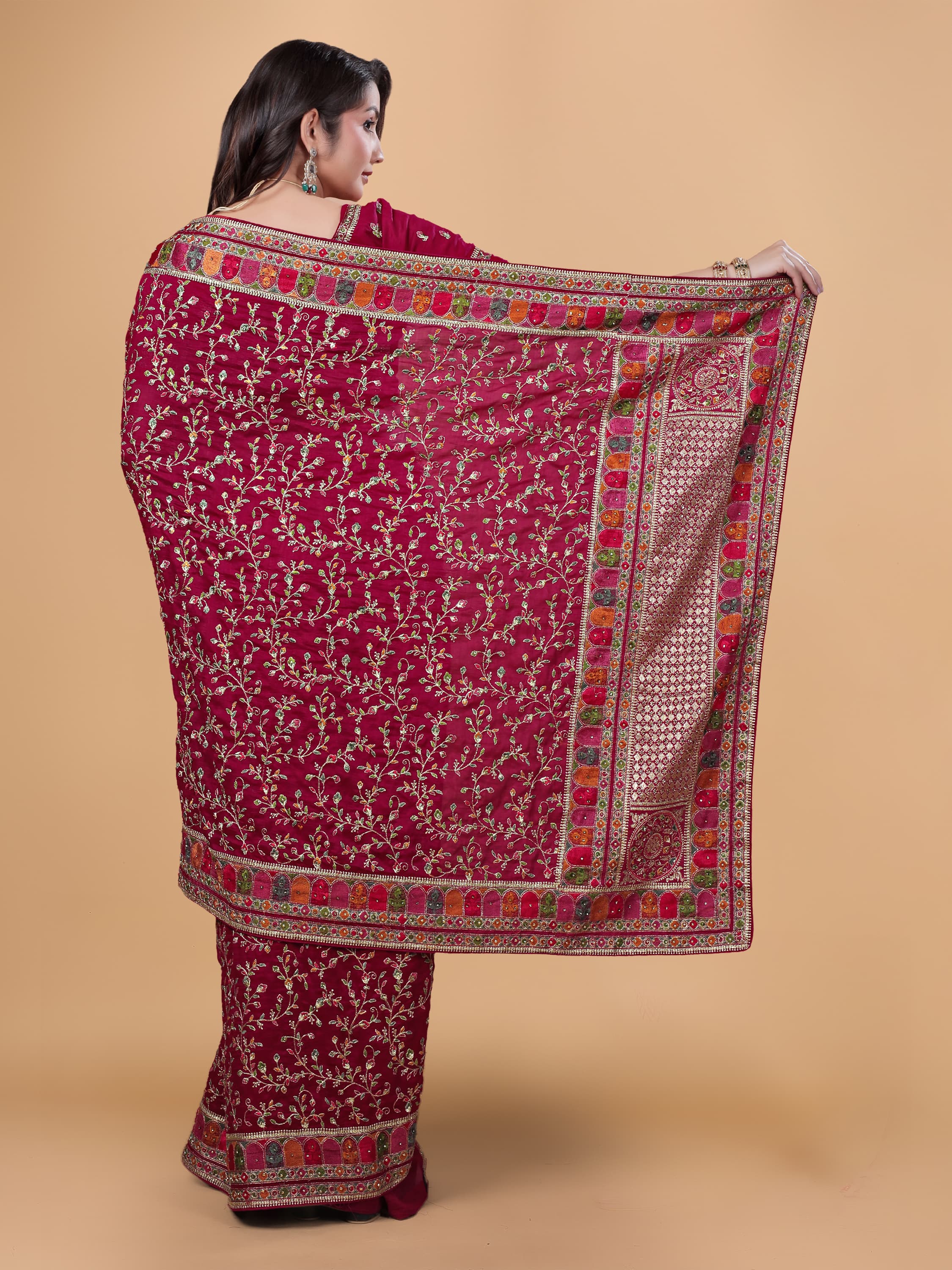 Ritual Styles Cherry Kashmiri Art Embroidered Vichitra Silk Saree image 2