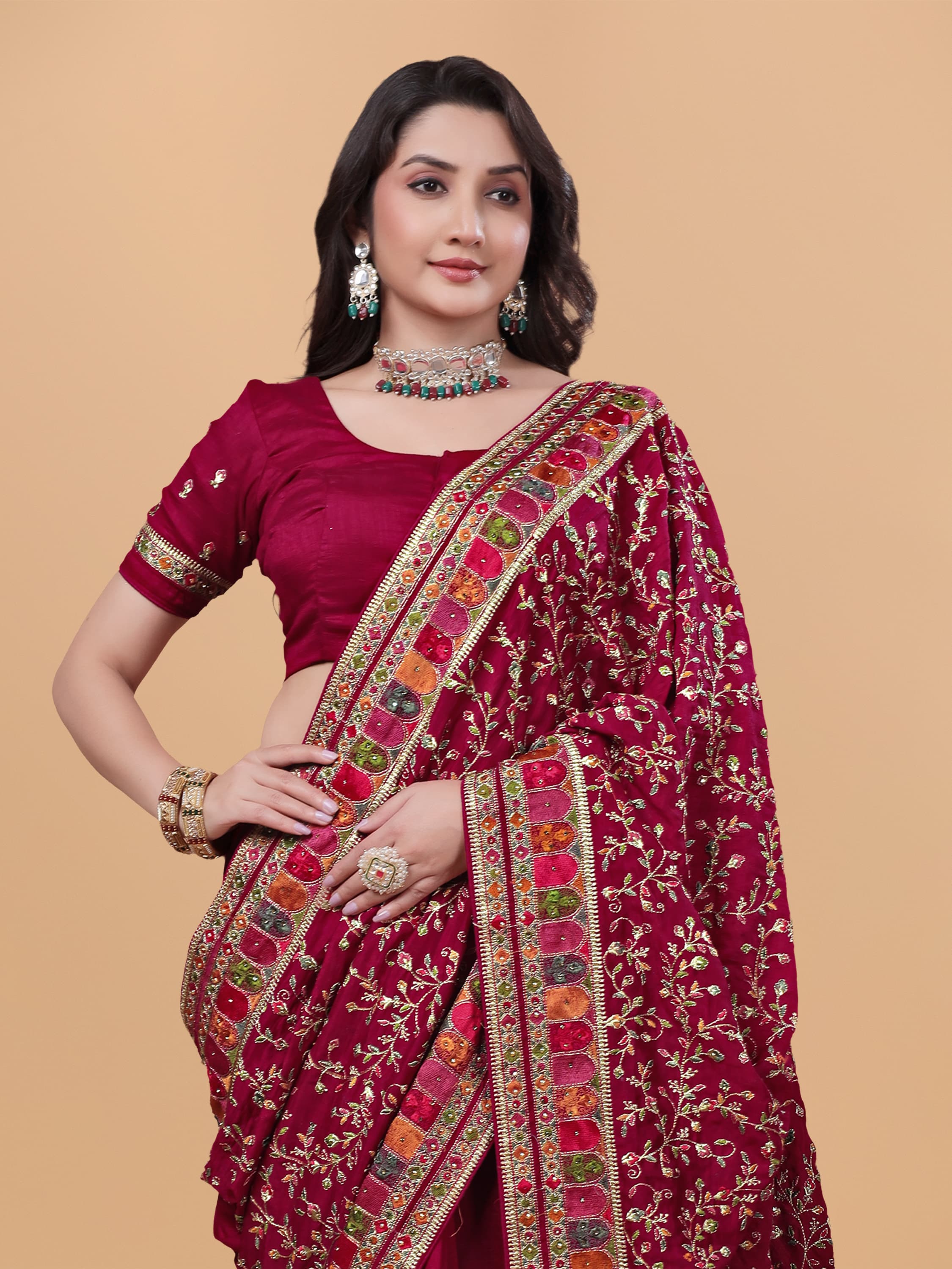 Ritual Styles Cherry Kashmiri Art Embroidered Vichitra Silk Saree image 5