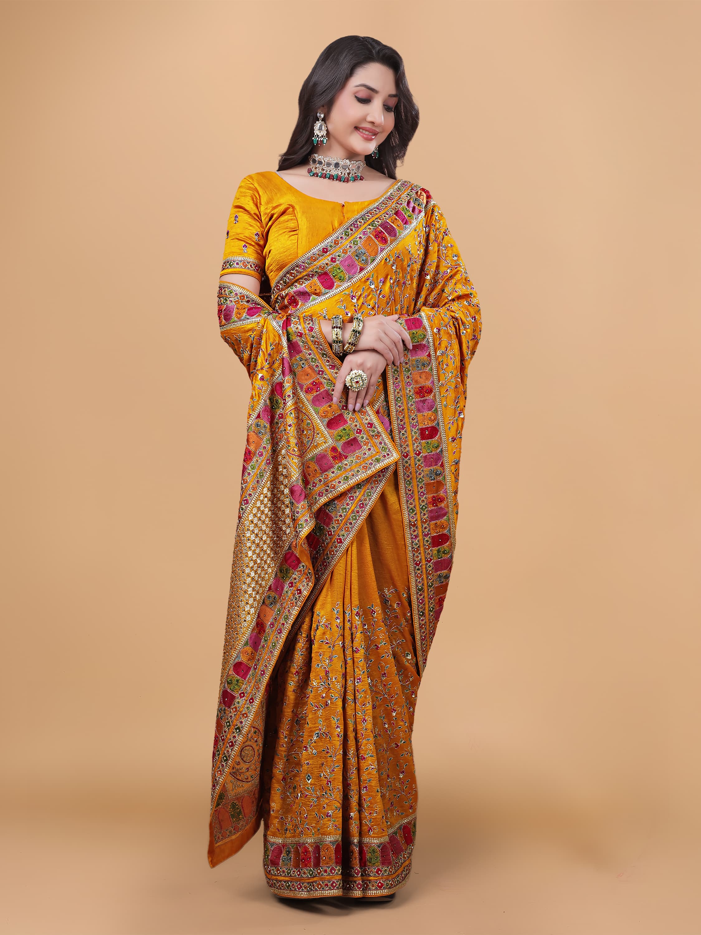 Ritual Styles Mustard Yellow Kashmiri Art Embroidered Vichitra Silk Saree image 1