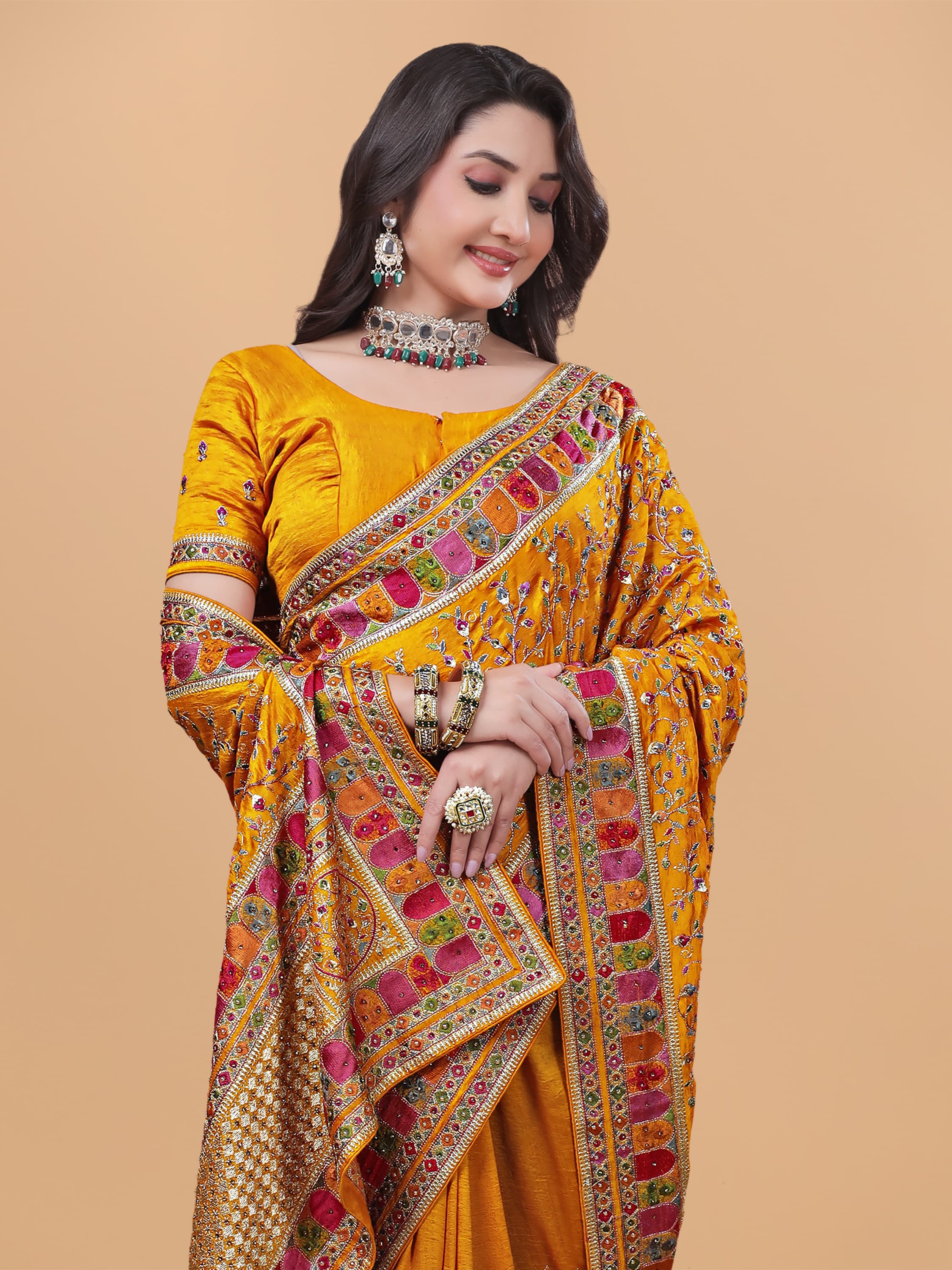 Ritual Styles Mustard Yellow Kashmiri Art Embroidered Vichitra Silk Saree image 2