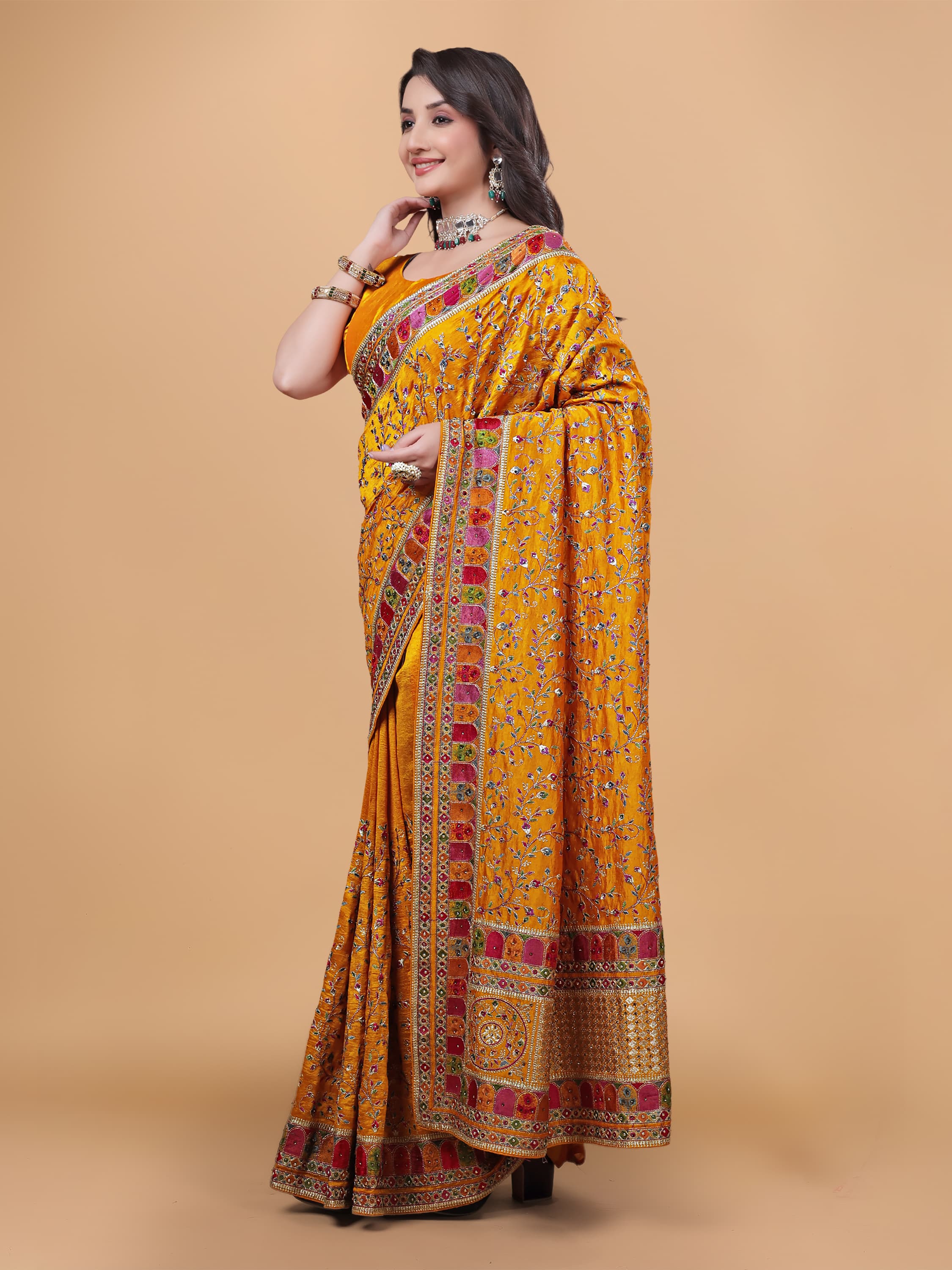 Ritual Styles Mustard Yellow Kashmiri Art Embroidered Vichitra Silk Saree image 3