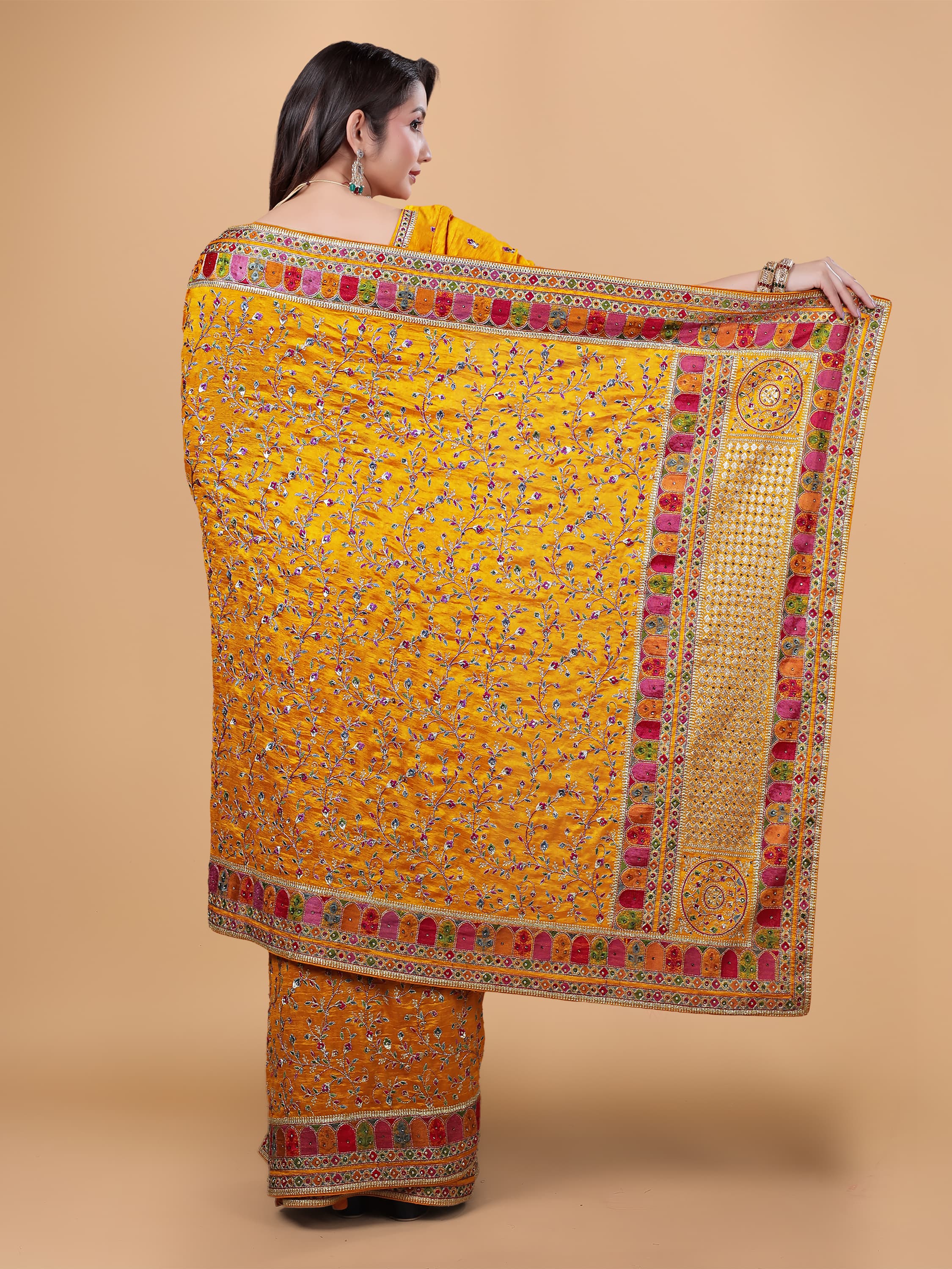 Ritual Styles Mustard Yellow Kashmiri Art Embroidered Vichitra Silk Saree image 4