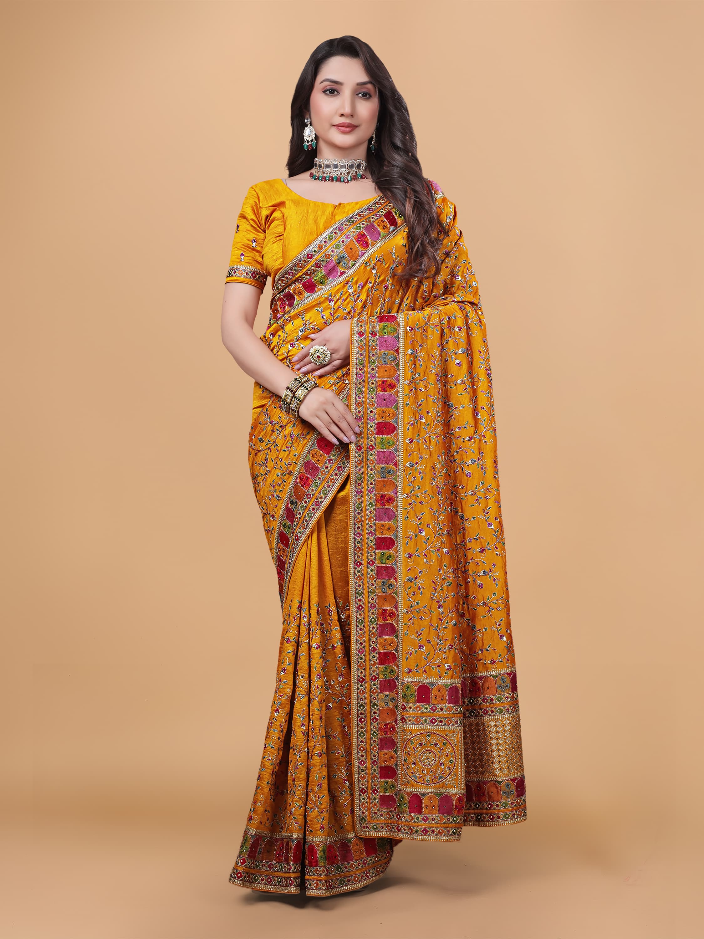 Ritual Styles Mustard Yellow Kashmiri Art Embroidered Vichitra Silk Saree image 6