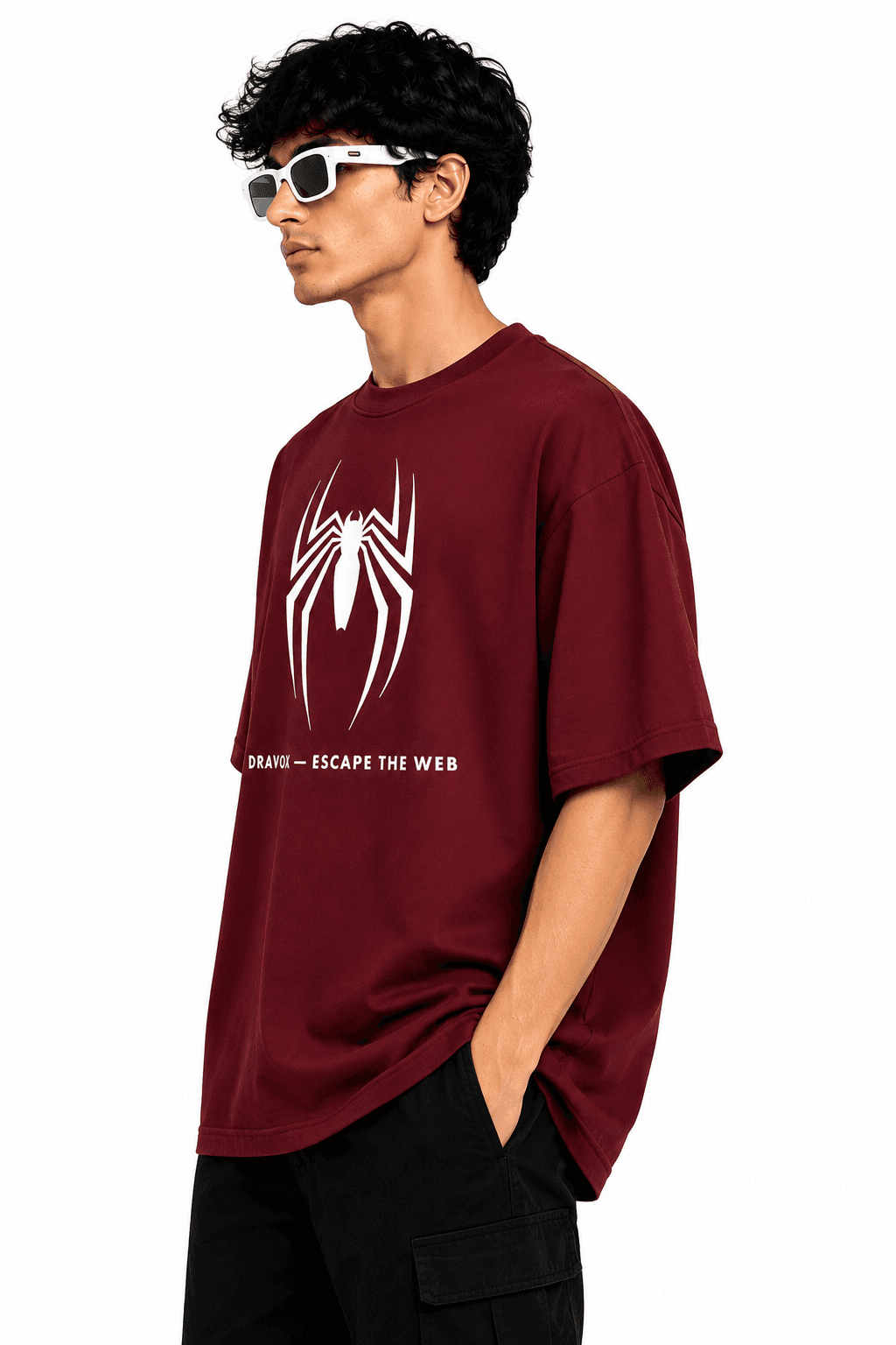 DRAVOX Spider Graphic Oversized T-Shirt for Men | Escape The Web Print | 240 GSM Premium Cotton | Drop Shoulder Half Sleeve Round Neck Maroon Tee image 1