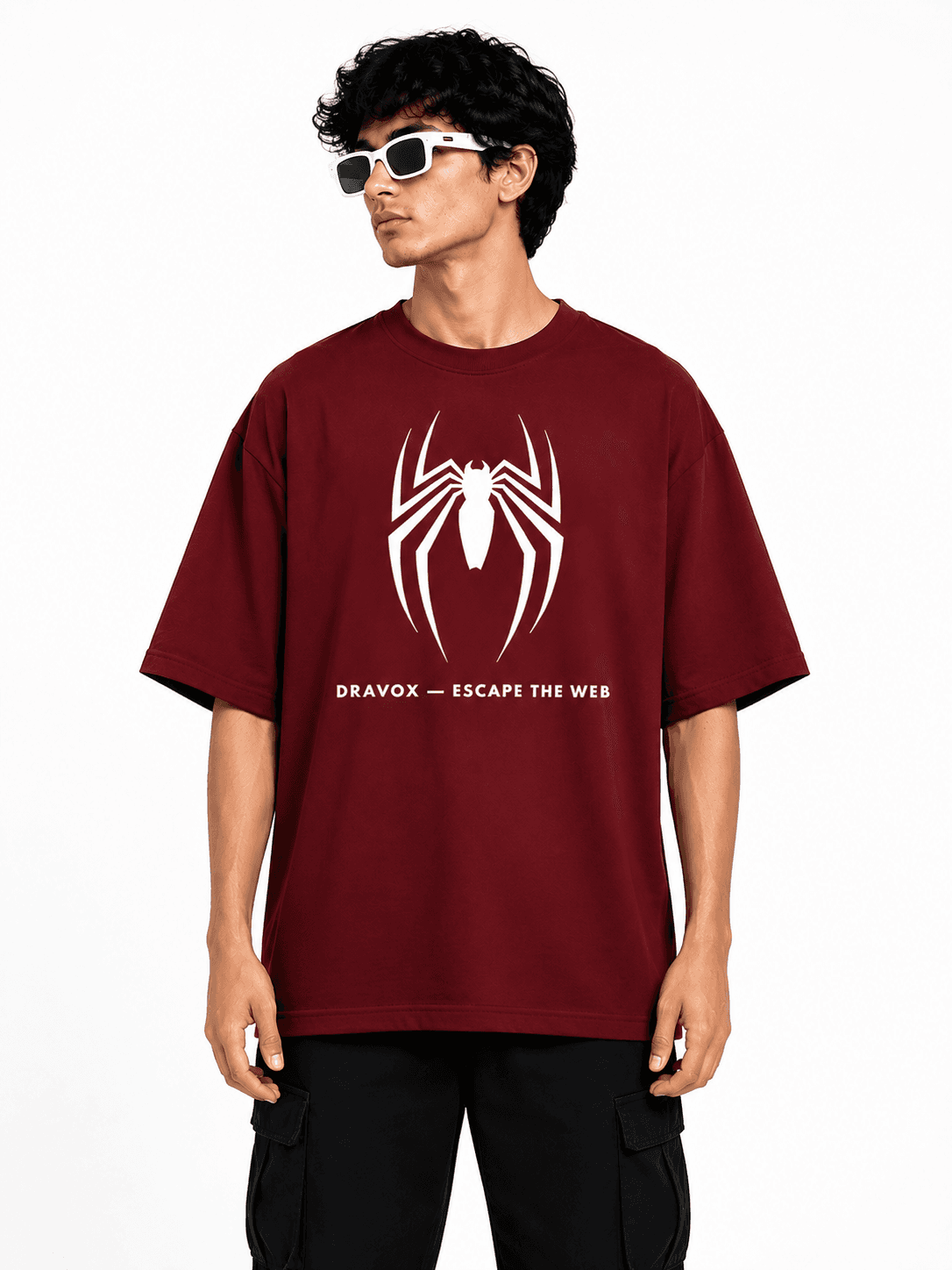 DRAVOX Spider Graphic Oversized T-Shirt for Men | Escape The Web Print | 240 GSM Premium Cotton | Drop Shoulder Half Sleeve Round Neck Maroon Tee image 3