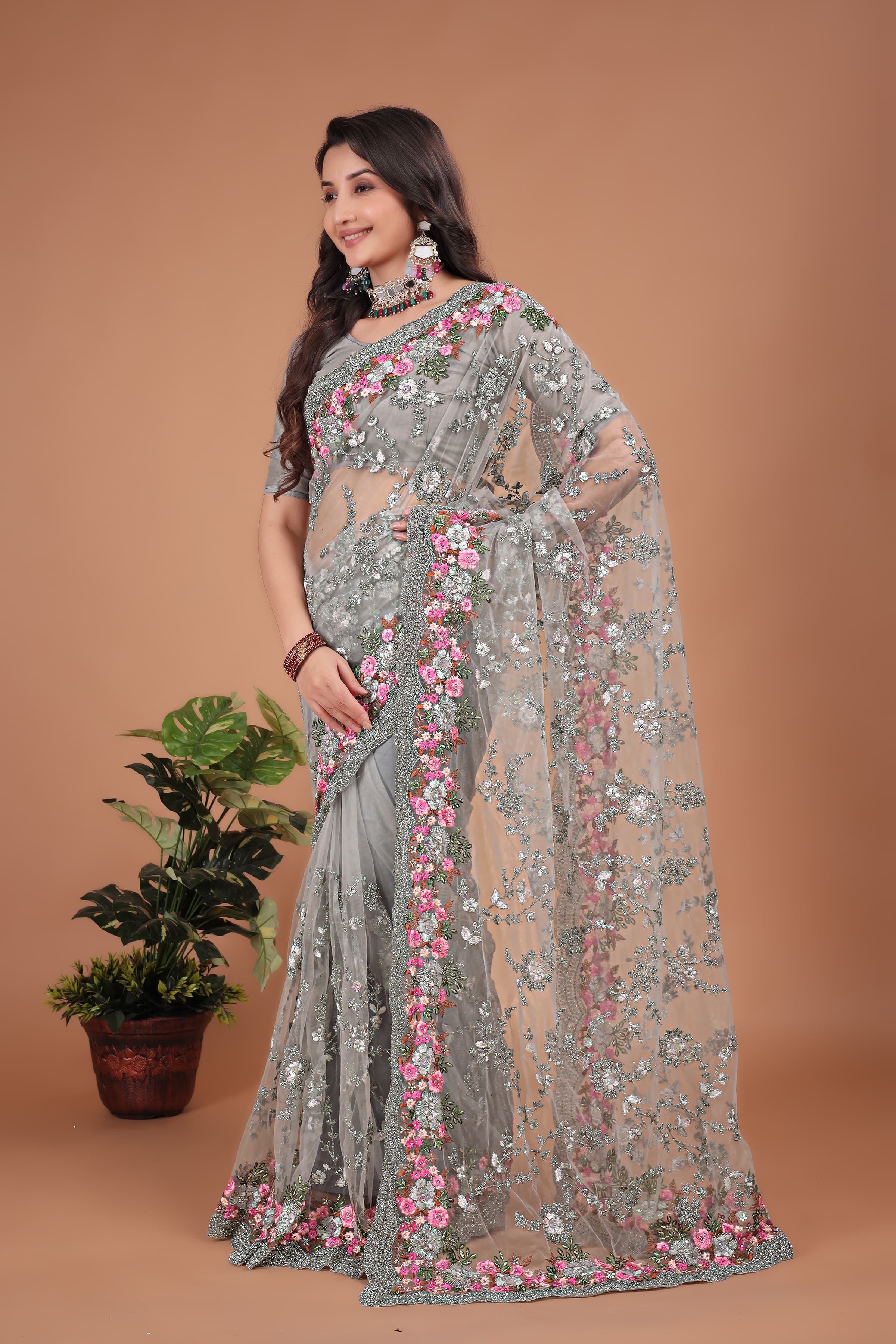 Grey Swarovski Floral Embroidery Net Saree image 1