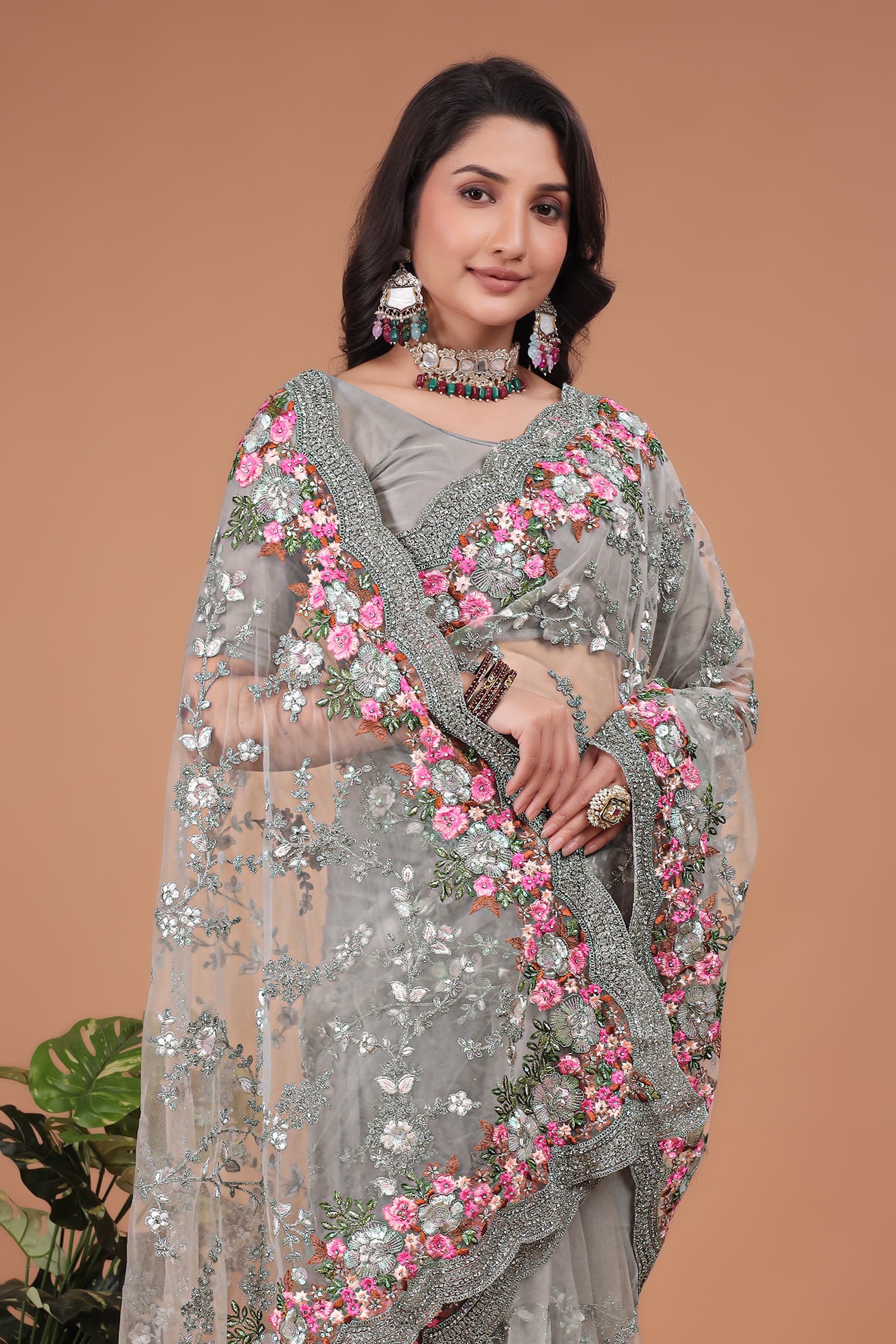 Grey Swarovski Floral Embroidery Net Saree image 2