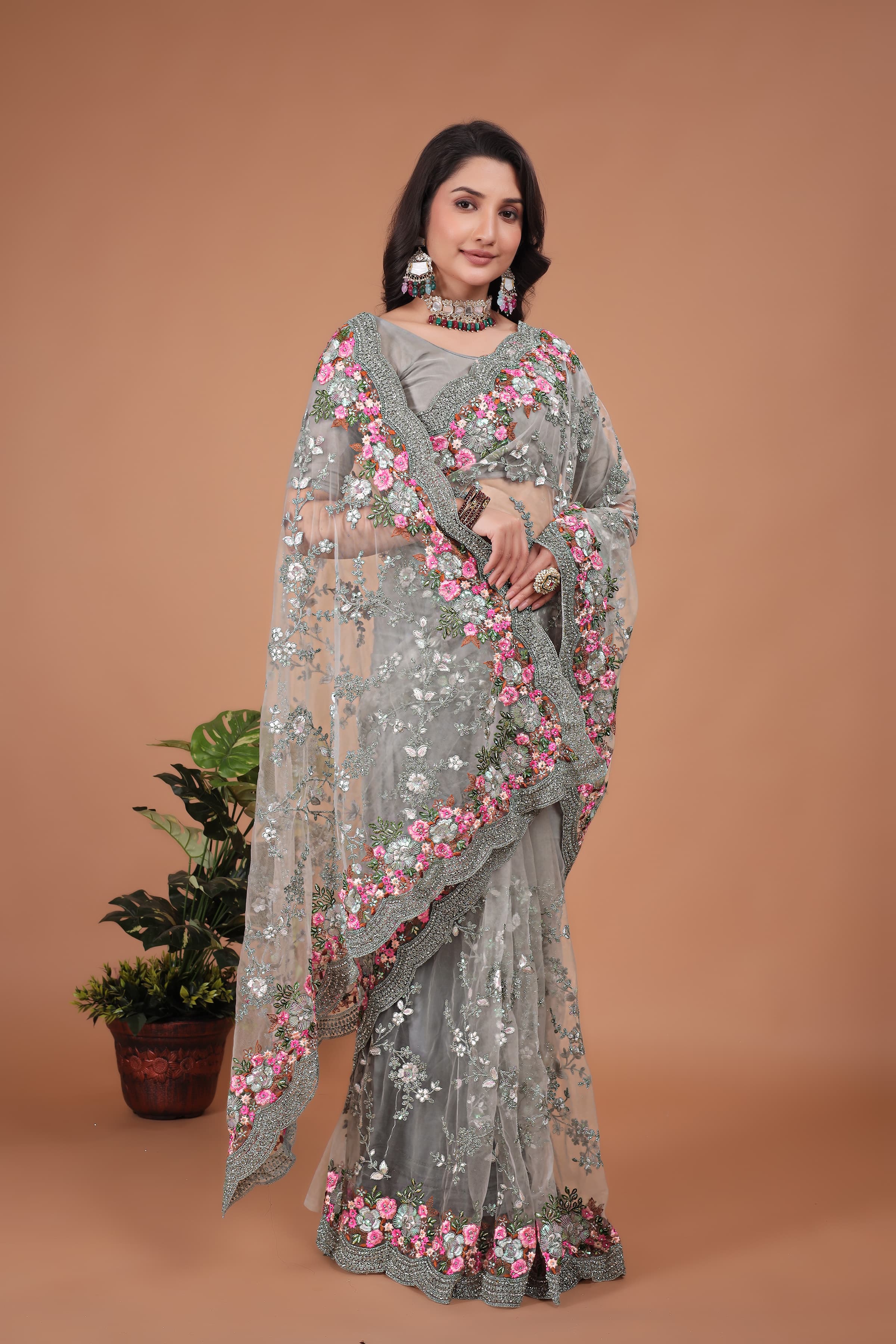 Grey Swarovski Floral Embroidery Net Saree image 3