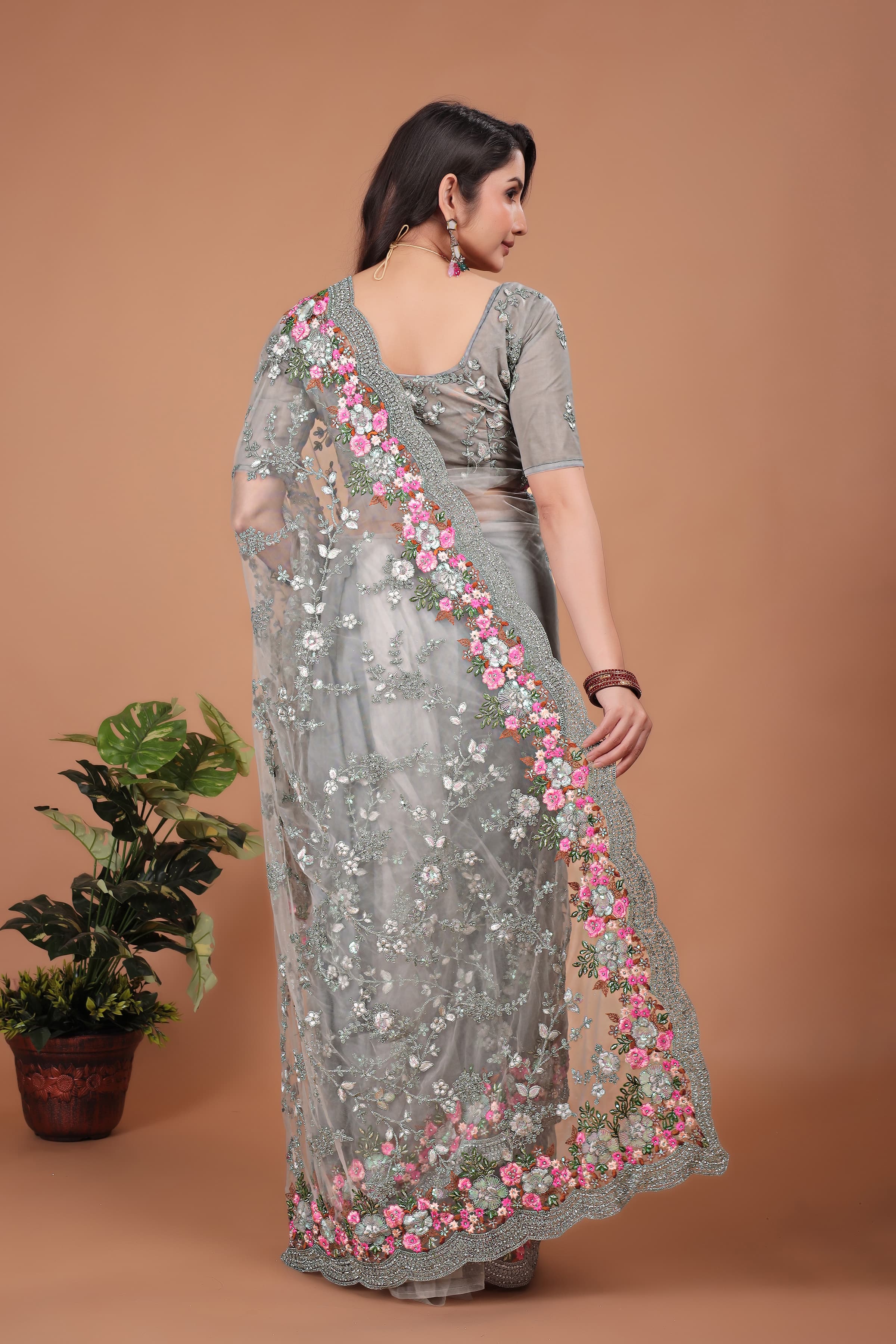 Grey Swarovski Floral Embroidery Net Saree image 4