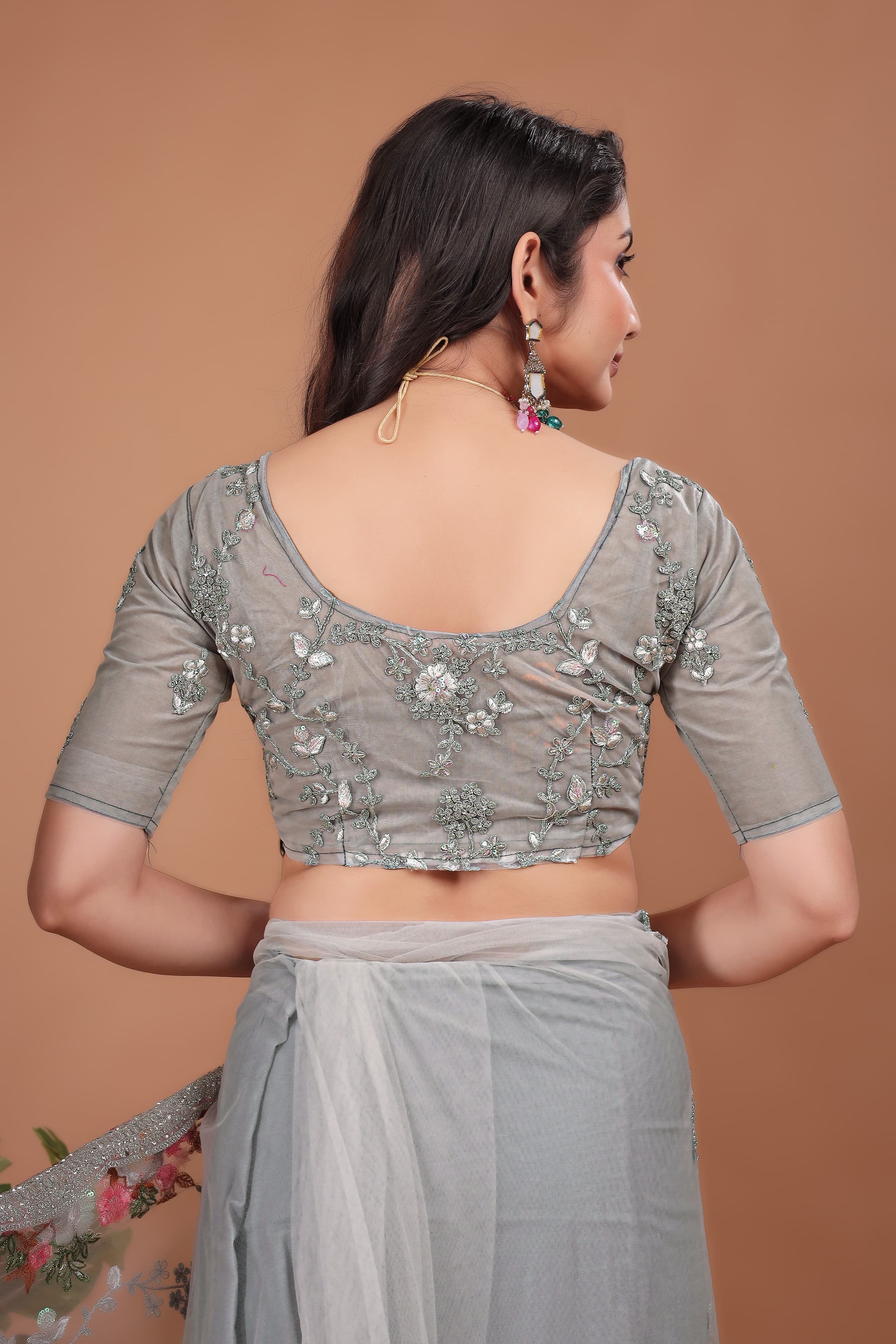 Grey Swarovski Floral Embroidery Net Saree image 5