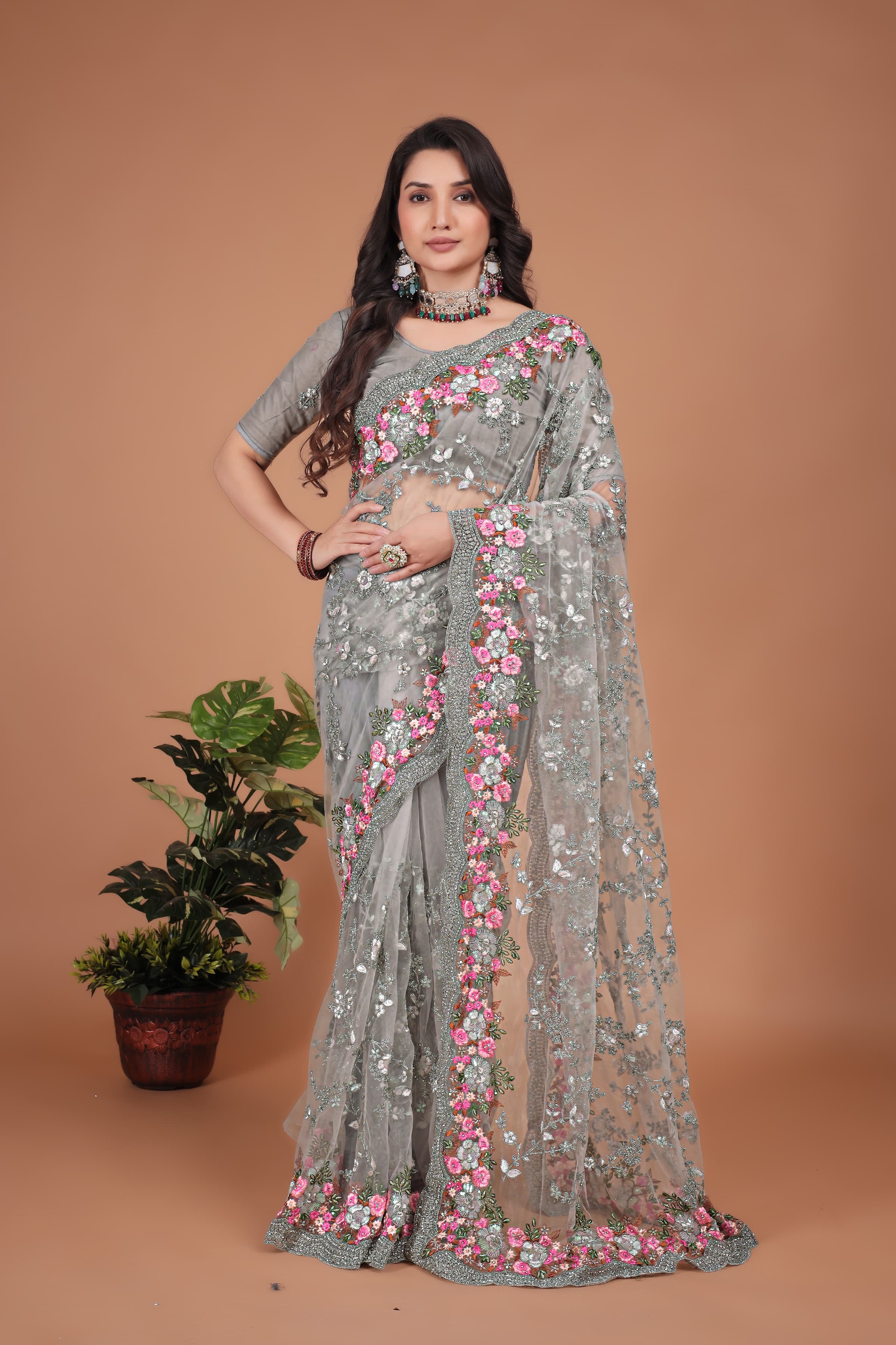 Grey Swarovski Floral Embroidery Net Saree image 6