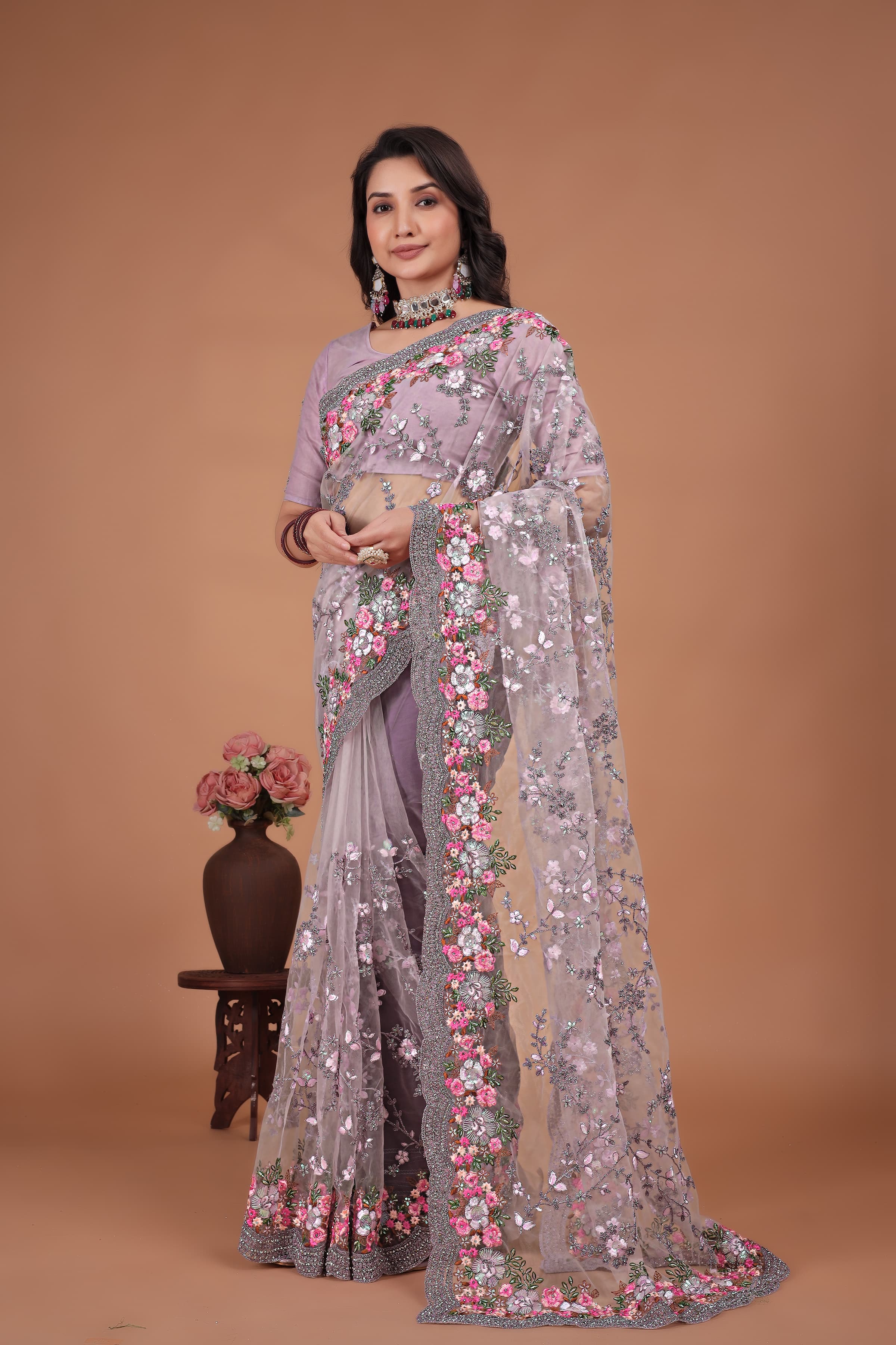 Lavender Swarovski Floral Embroidery Net Saree image 1