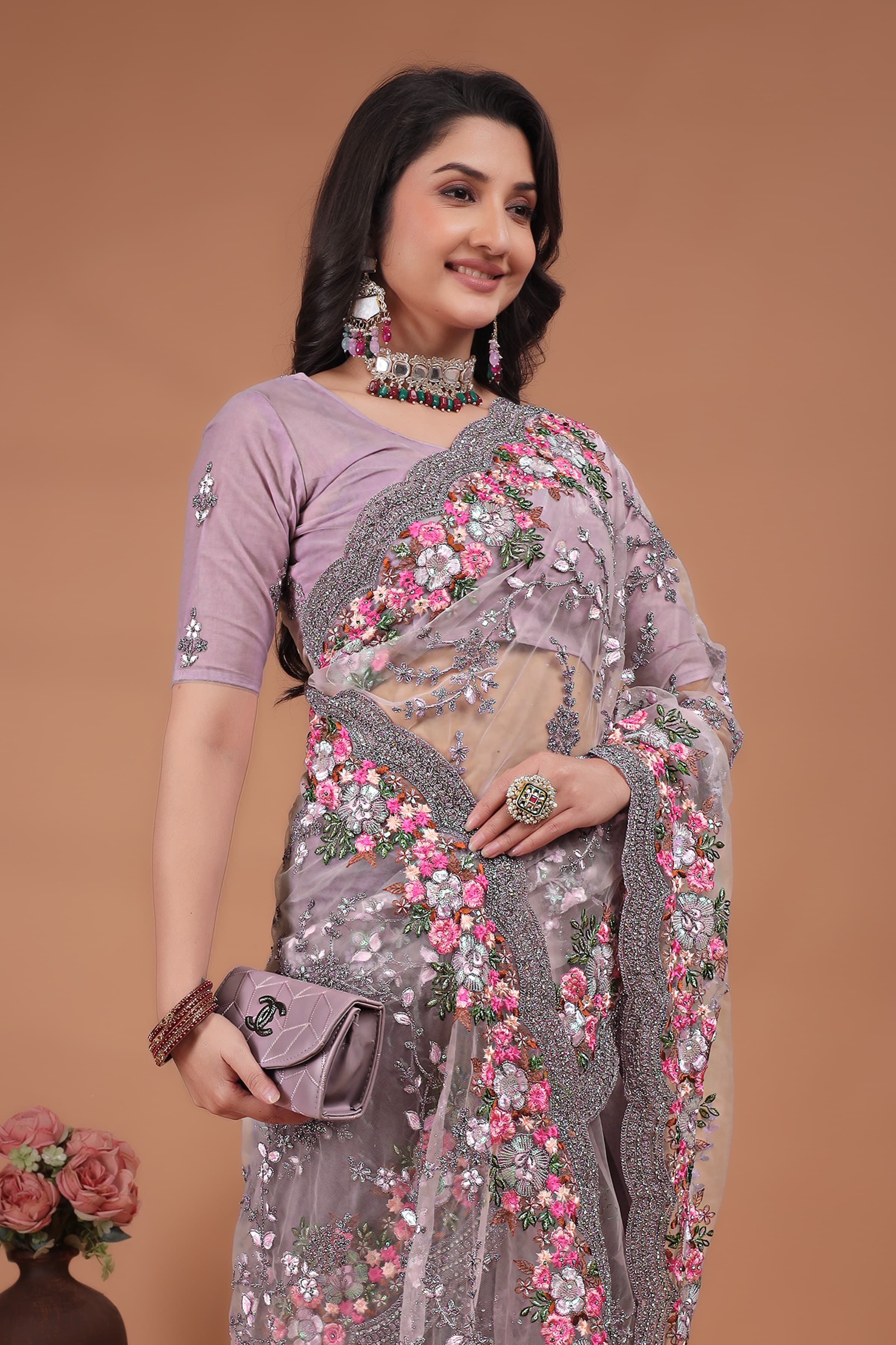 Lavender Swarovski Floral Embroidery Net Saree image 2