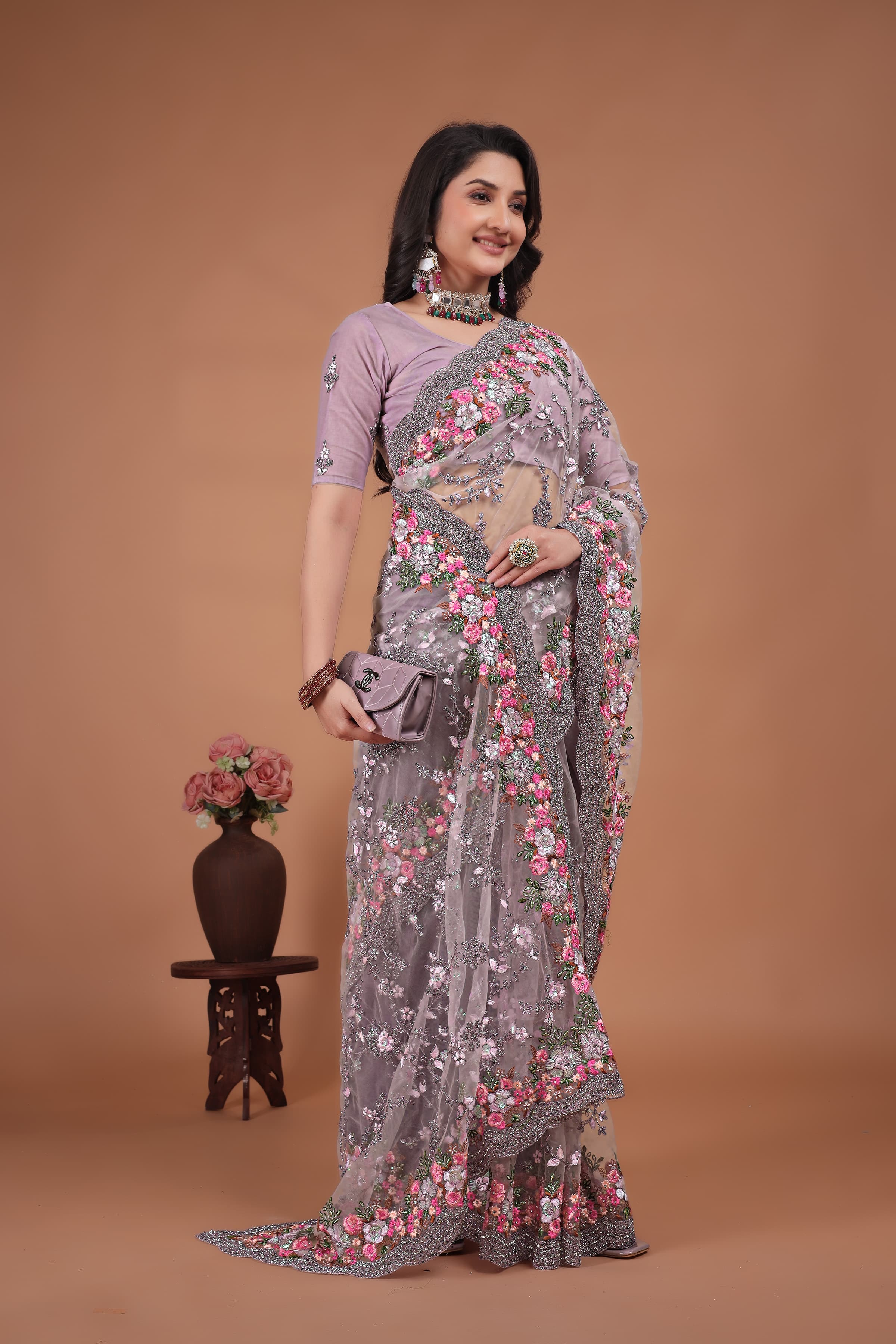 Lavender Swarovski Floral Embroidery Net Saree image 3