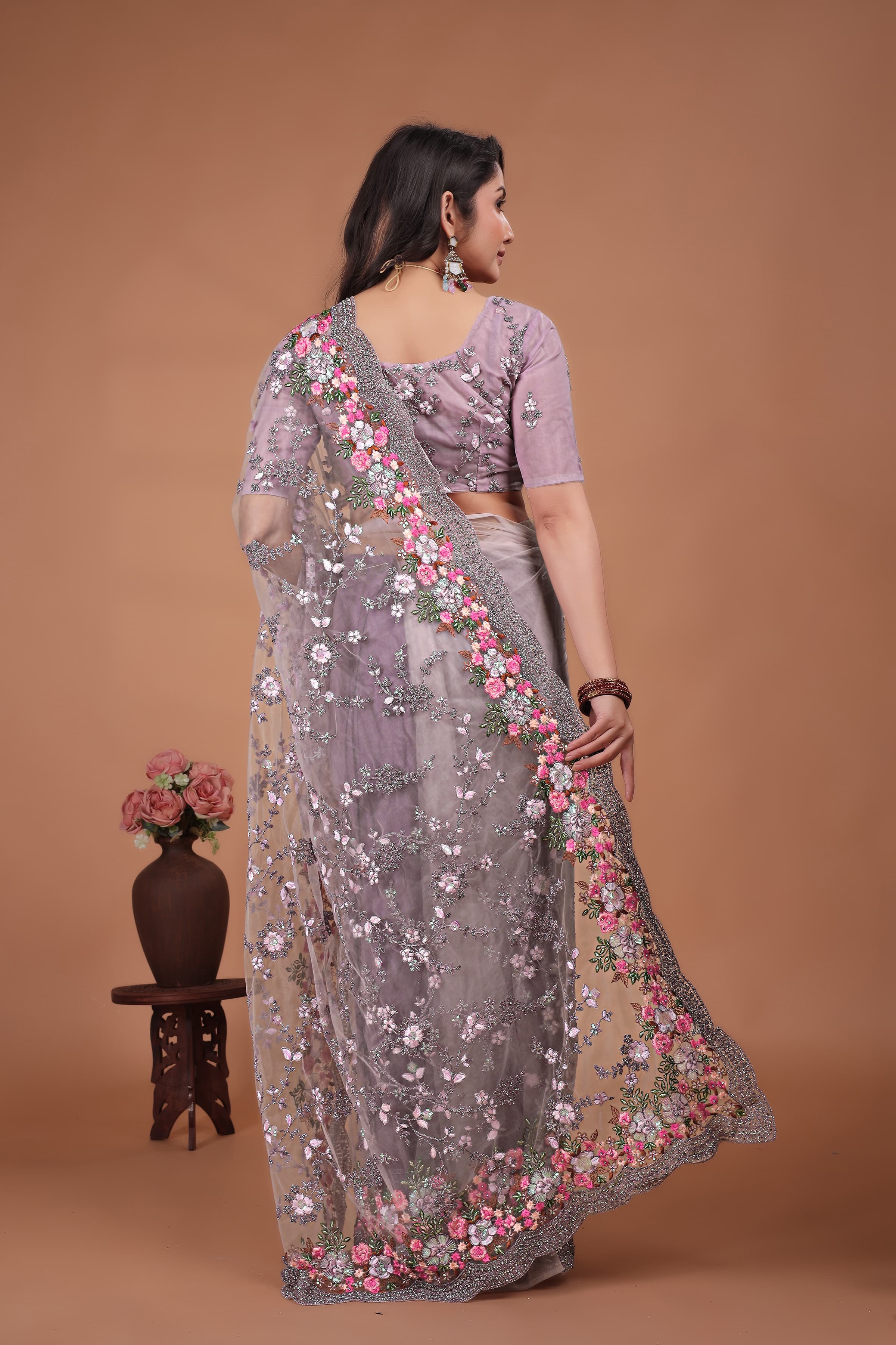 Lavender Swarovski Floral Embroidery Net Saree image 4