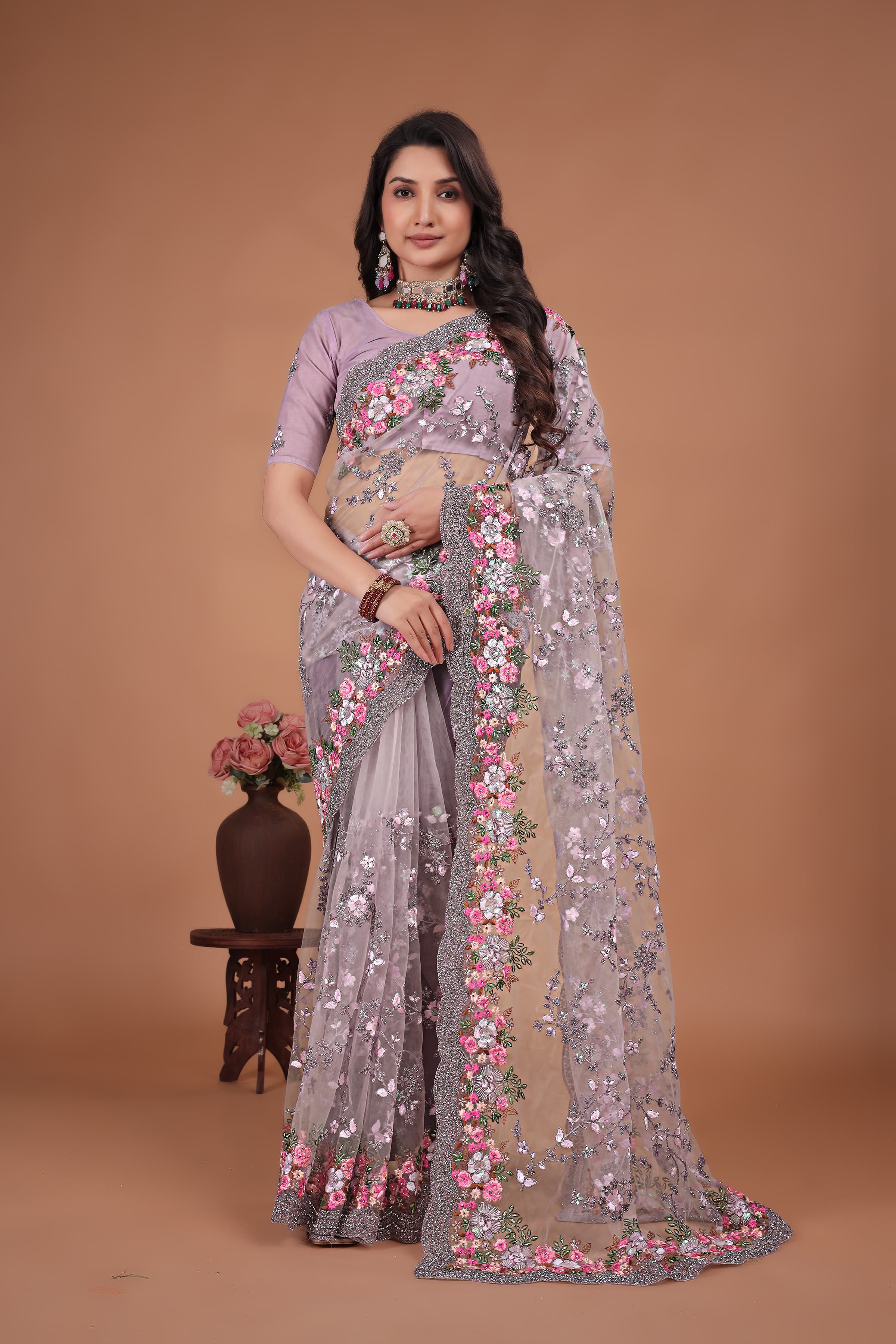 Lavender Swarovski Floral Embroidery Net Saree image 5