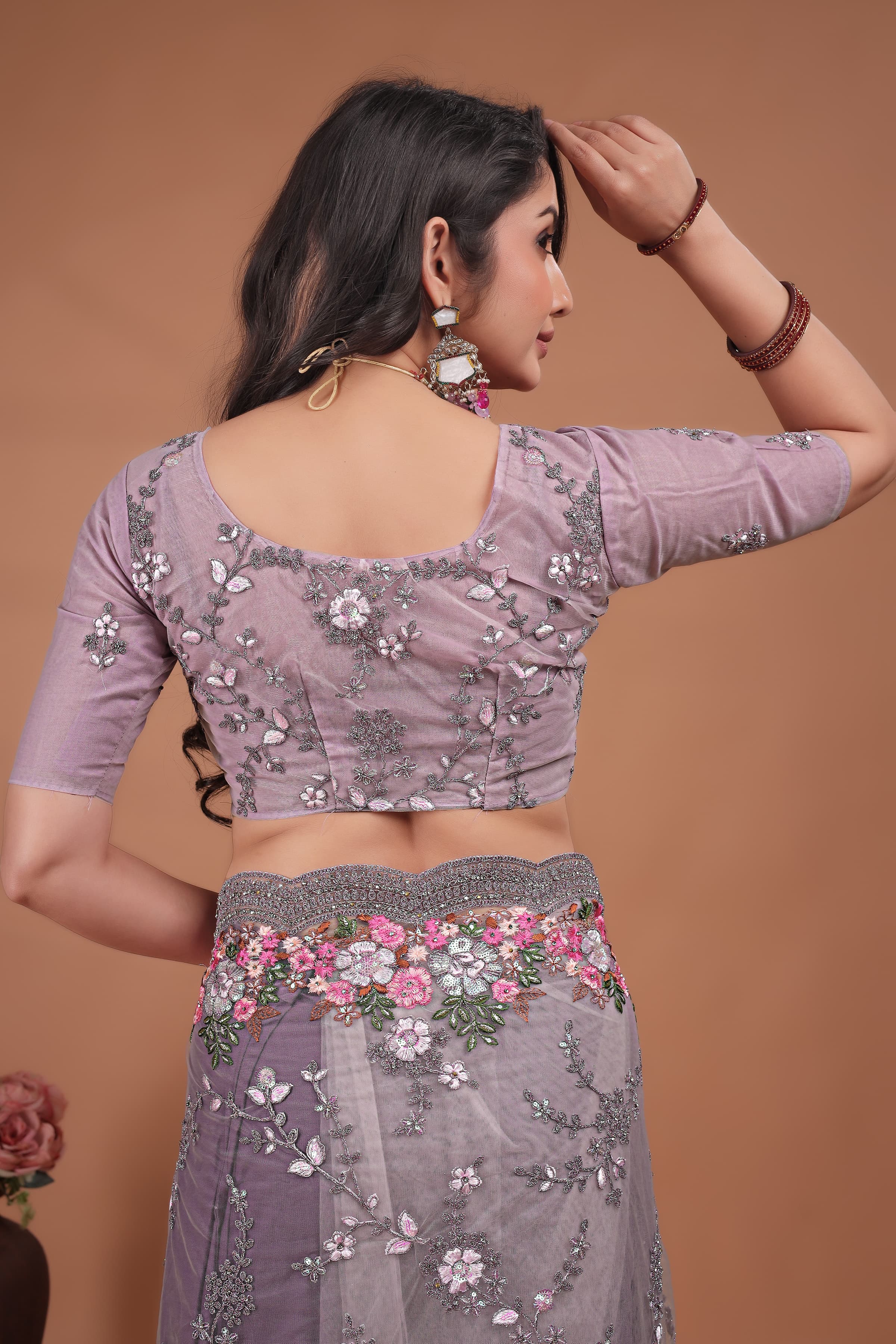 Lavender Swarovski Floral Embroidery Net Saree image 6