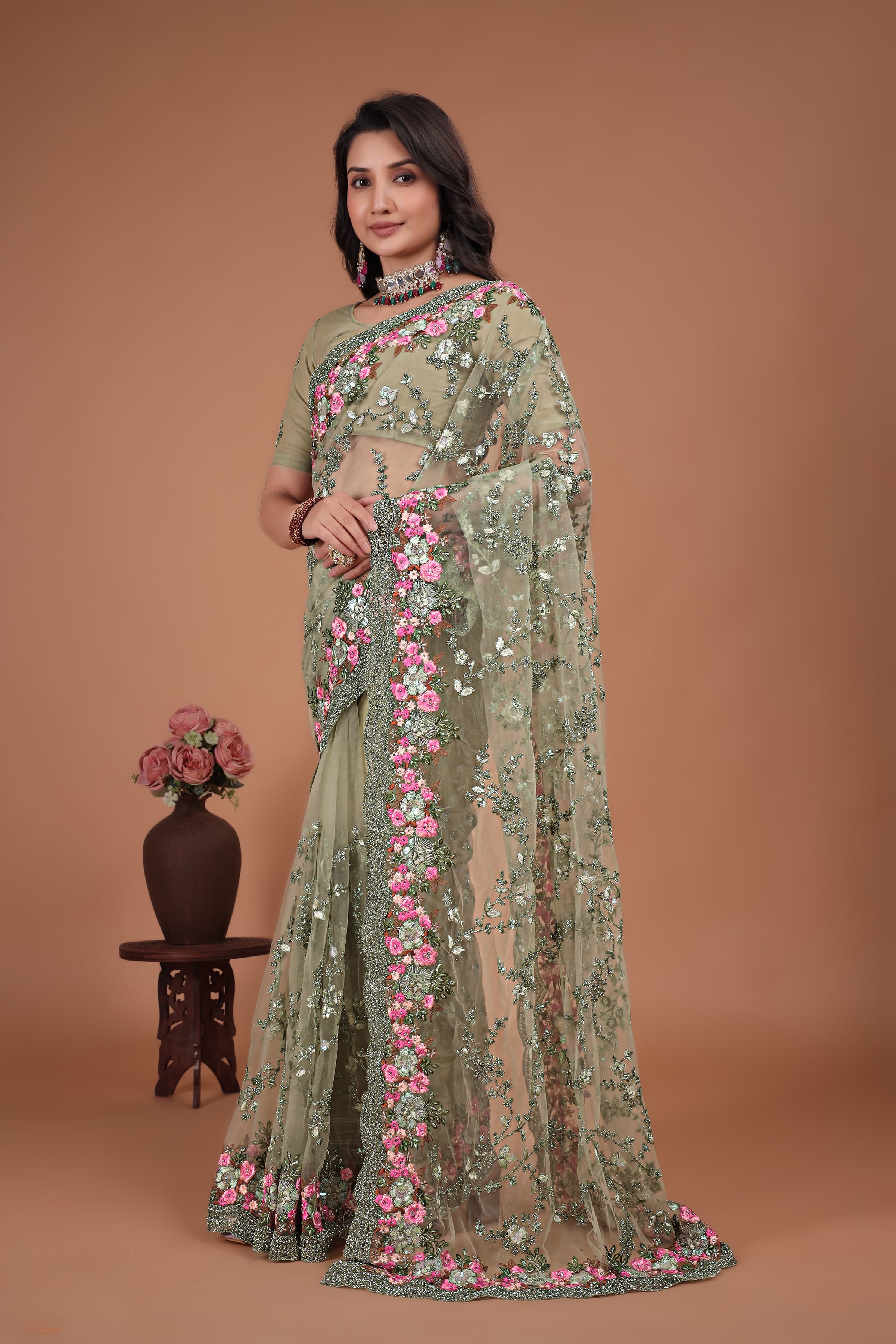 Ritual Styles Olive Green Swarovski Floral Embroidery Net Saree image 1