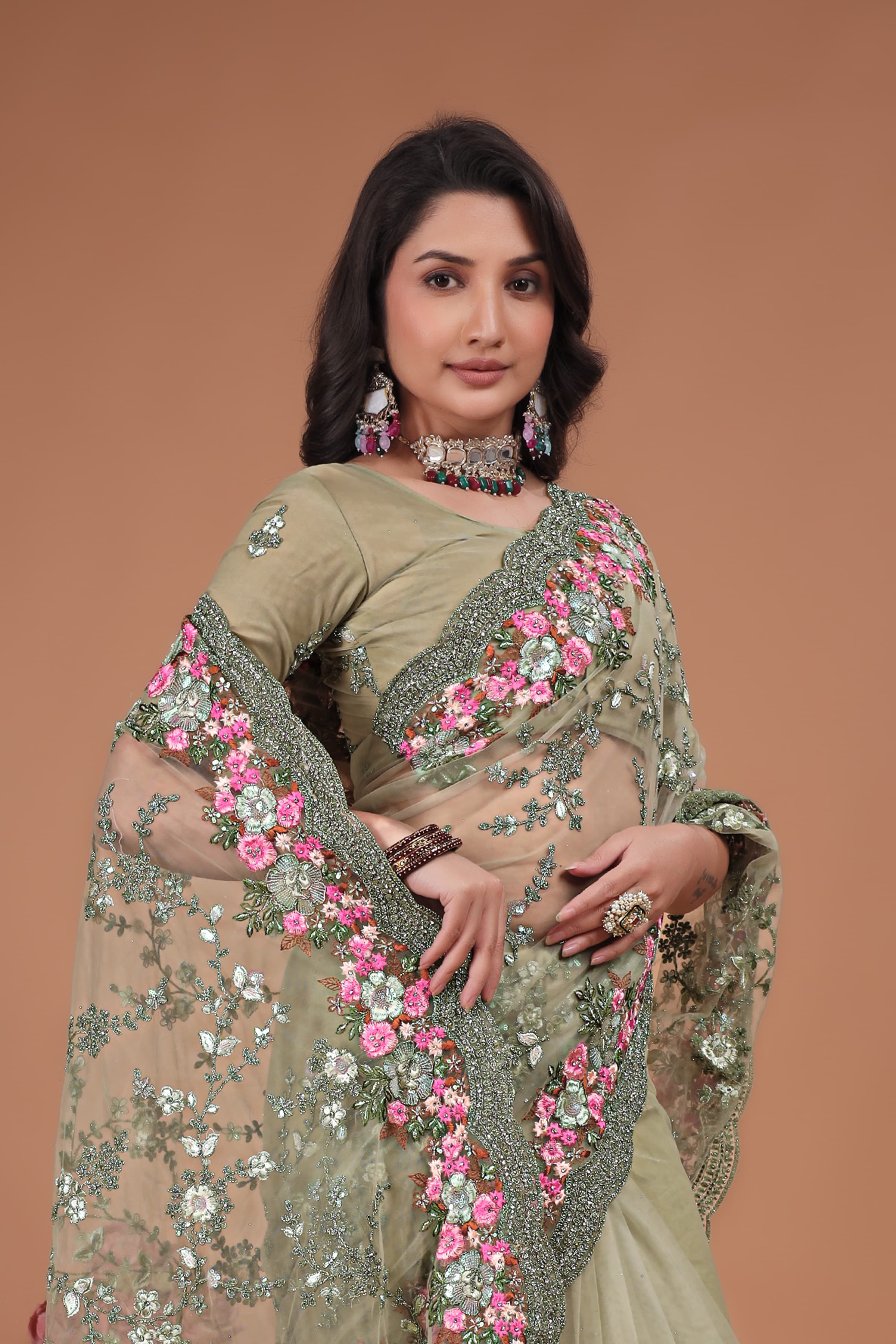 Ritual Styles Olive Green Swarovski Floral Embroidery Net Saree image 2