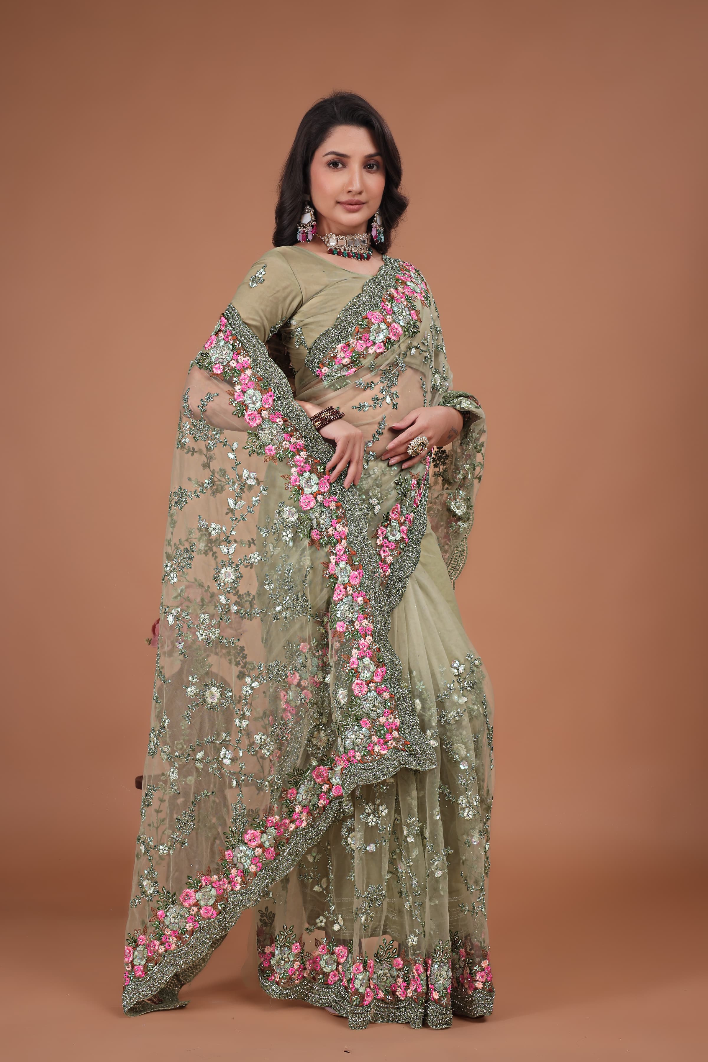 Ritual Styles Olive Green Swarovski Floral Embroidery Net Saree image 3