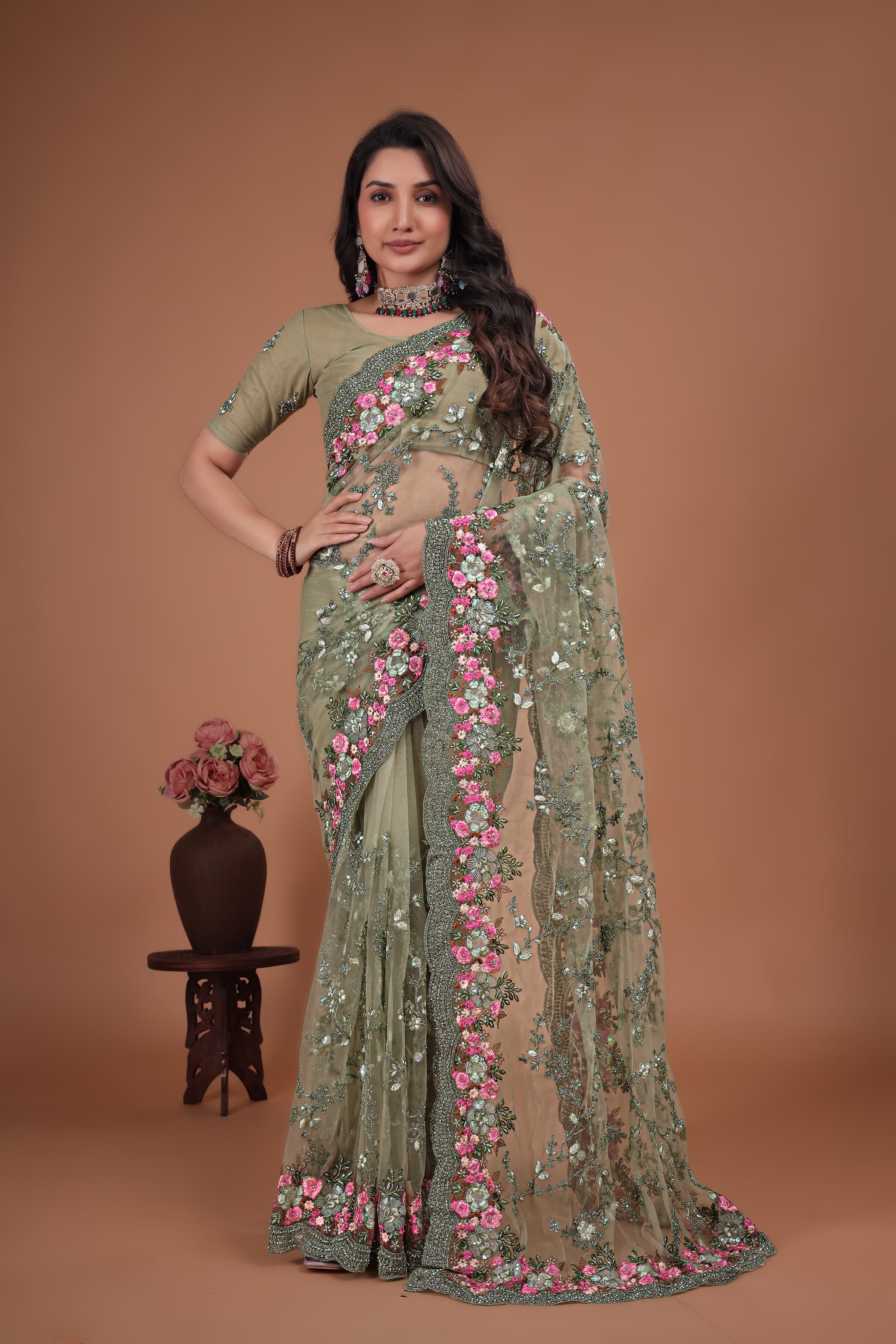 Ritual Styles Olive Green Swarovski Floral Embroidery Net Saree image 4