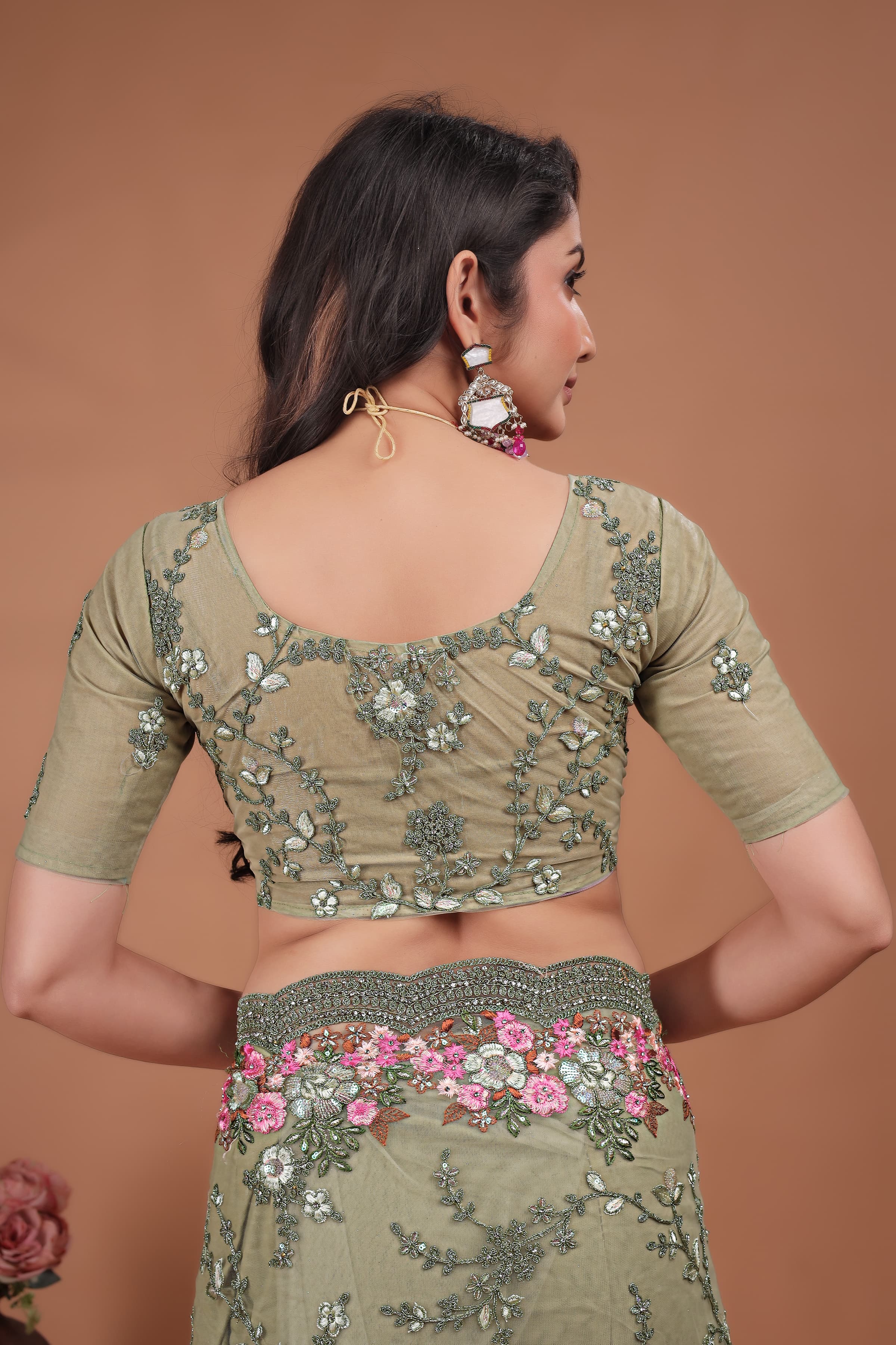 Ritual Styles Olive Green Swarovski Floral Embroidery Net Saree image 5