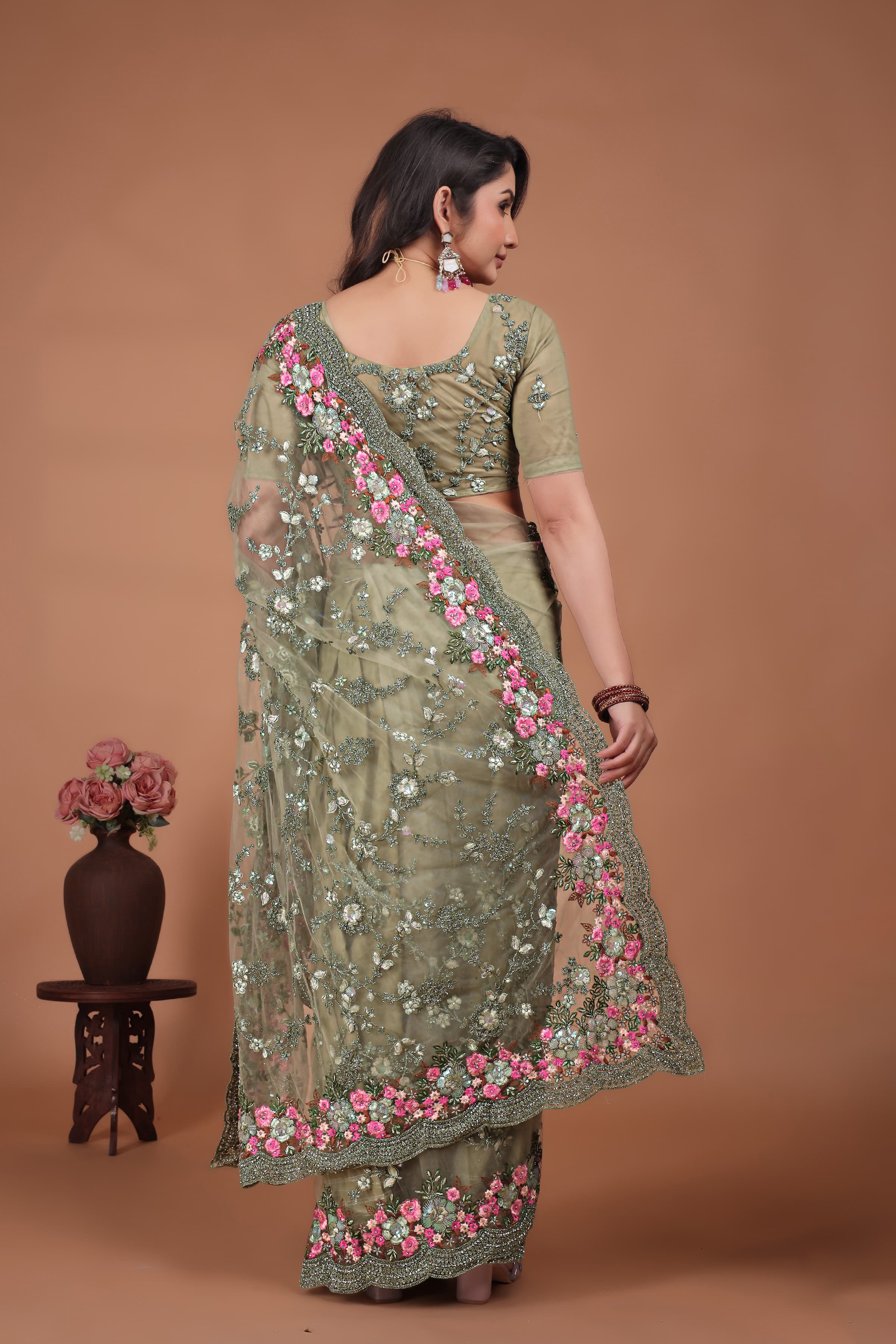 Ritual Styles Olive Green Swarovski Floral Embroidery Net Saree image 6