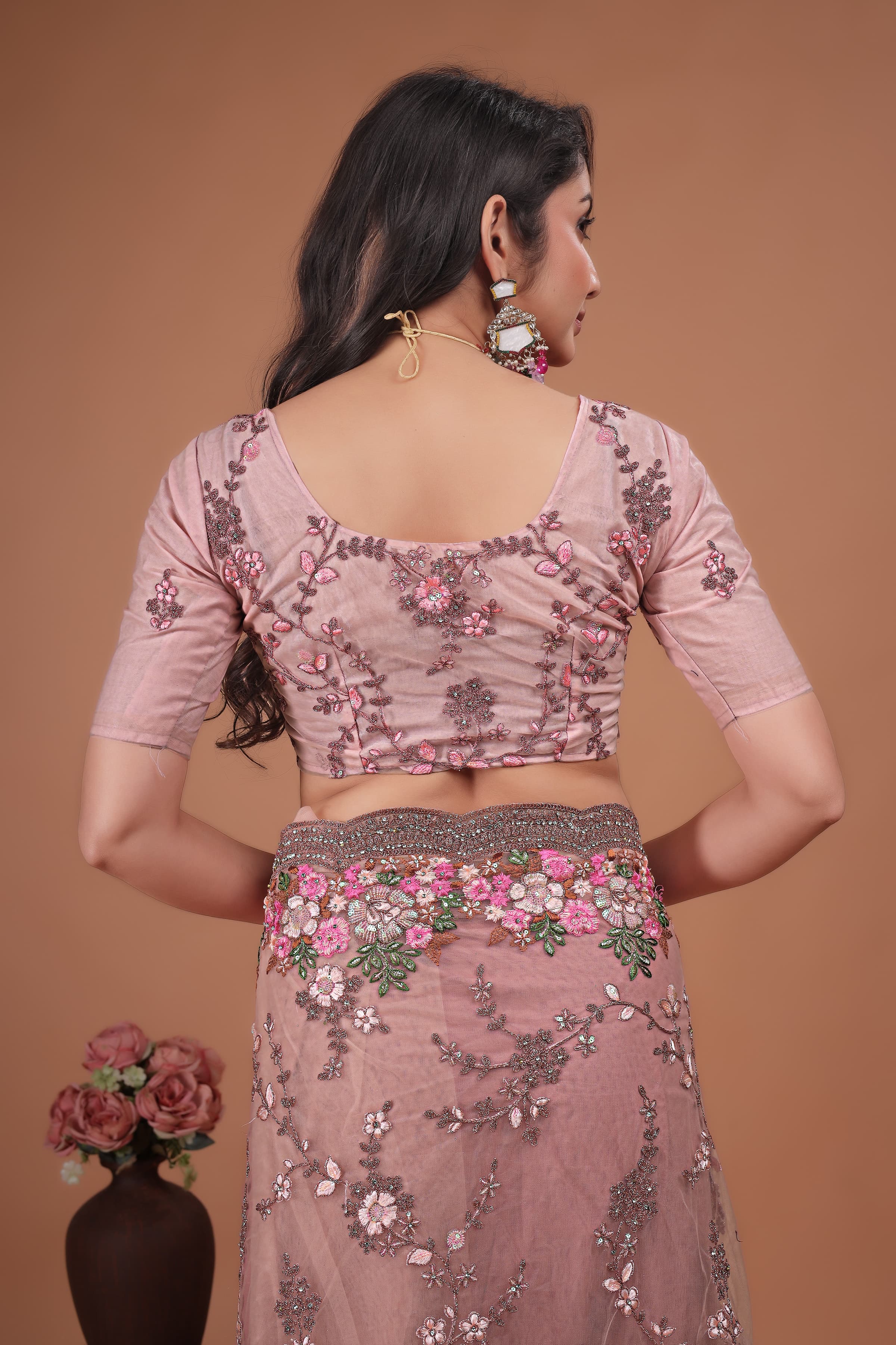 Ritual Styles Peach Swarovski Floral Embroidery Net Saree image 6