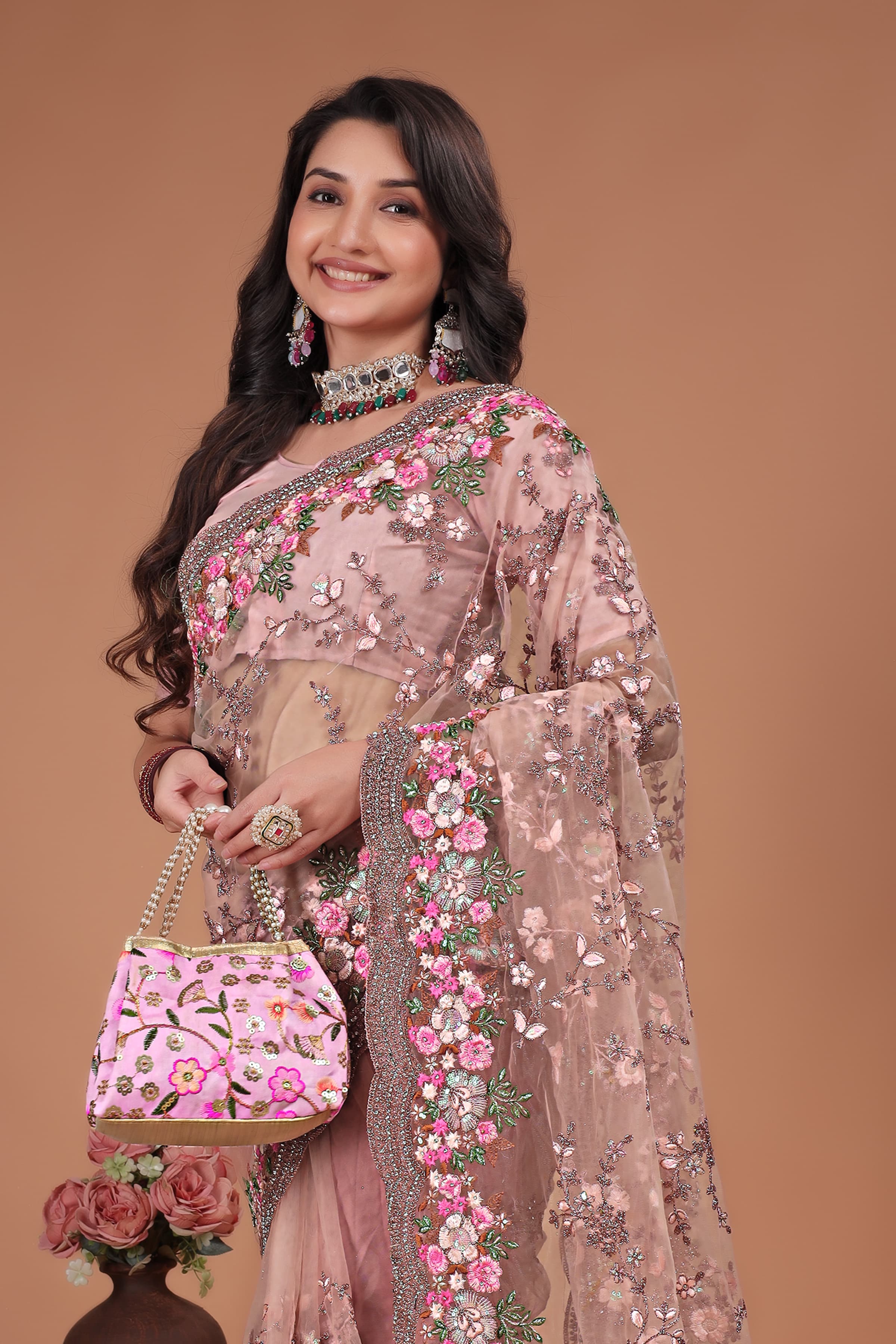 Ritual Styles Peach Swarovski Floral Embroidery Net Saree image 2