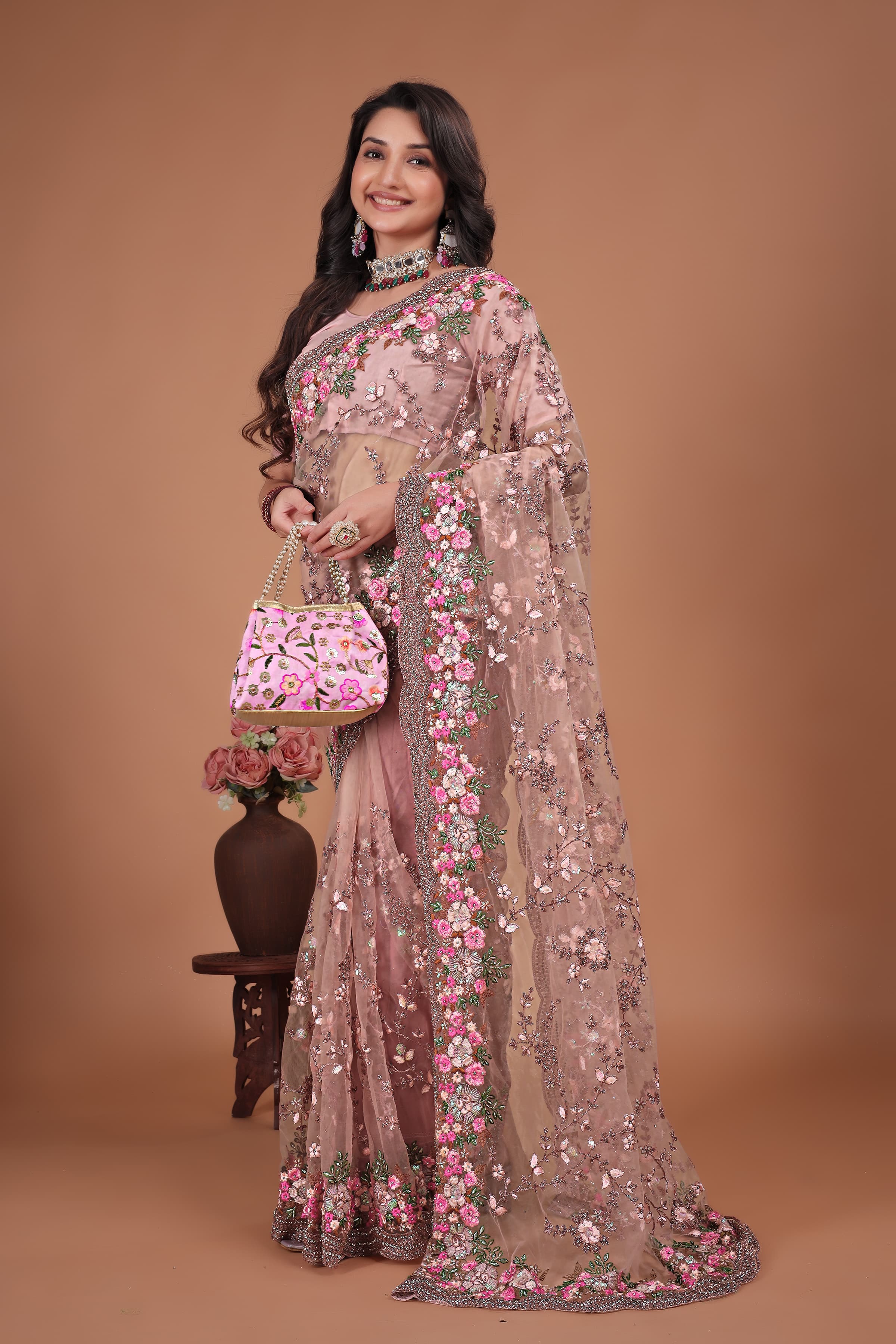 Ritual Styles Peach Swarovski Floral Embroidery Net Saree image 3