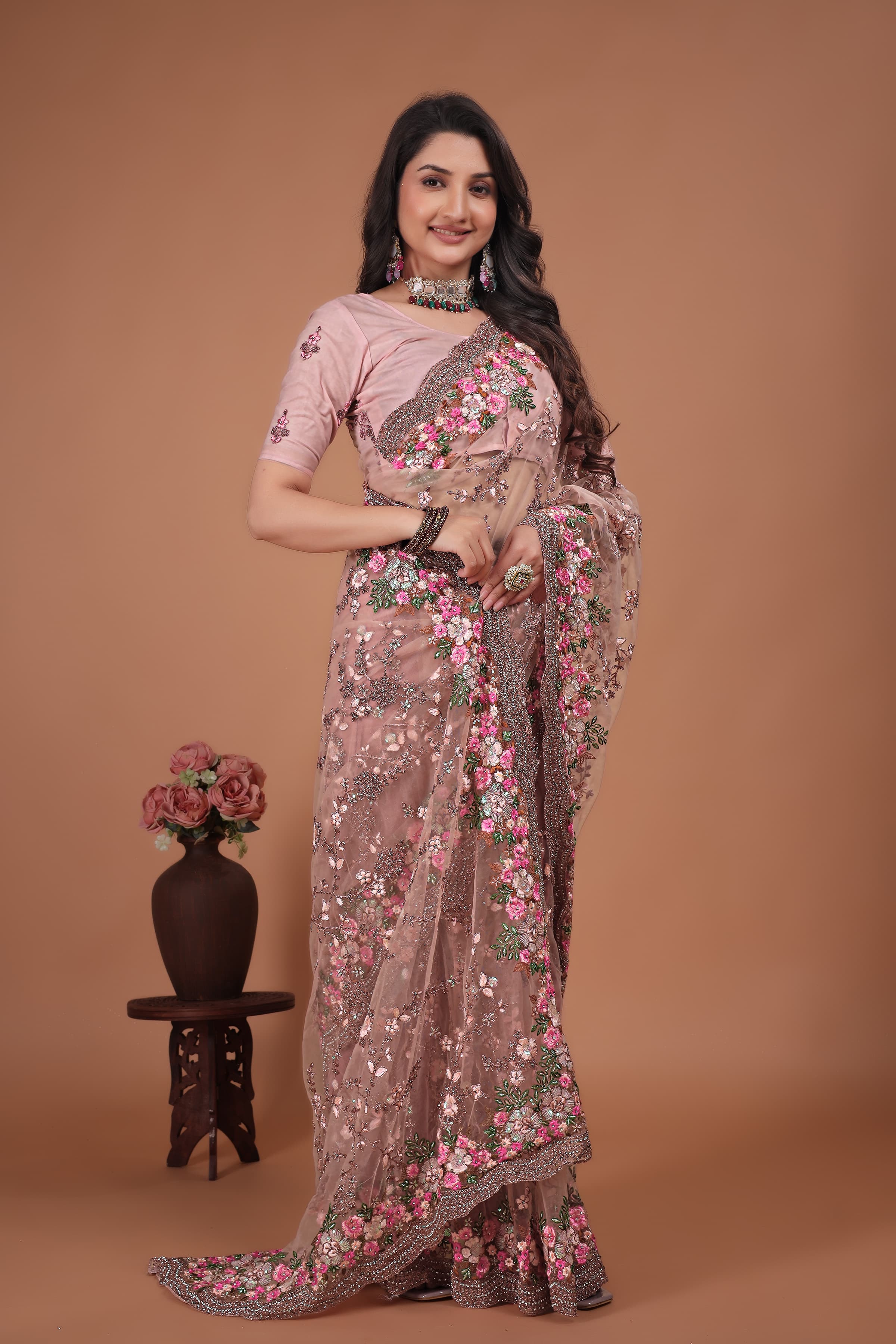 Ritual Styles Peach Swarovski Floral Embroidery Net Saree image 4