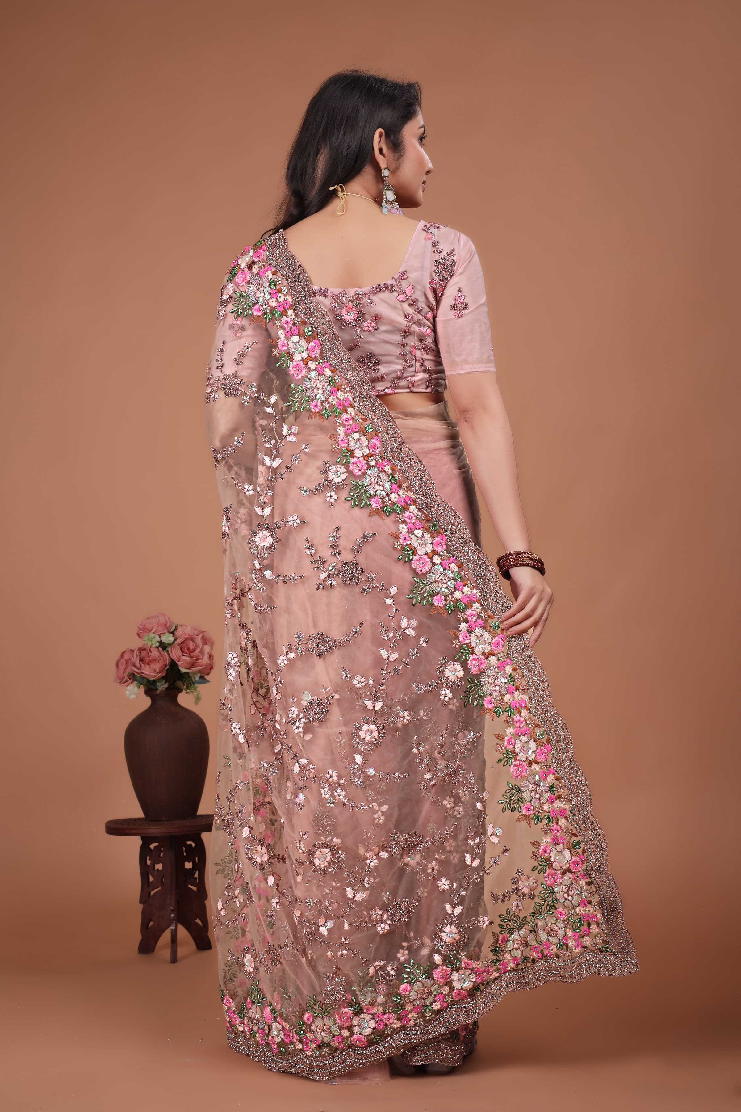 Ritual Styles Peach Swarovski Floral Embroidery Net Saree image 5
