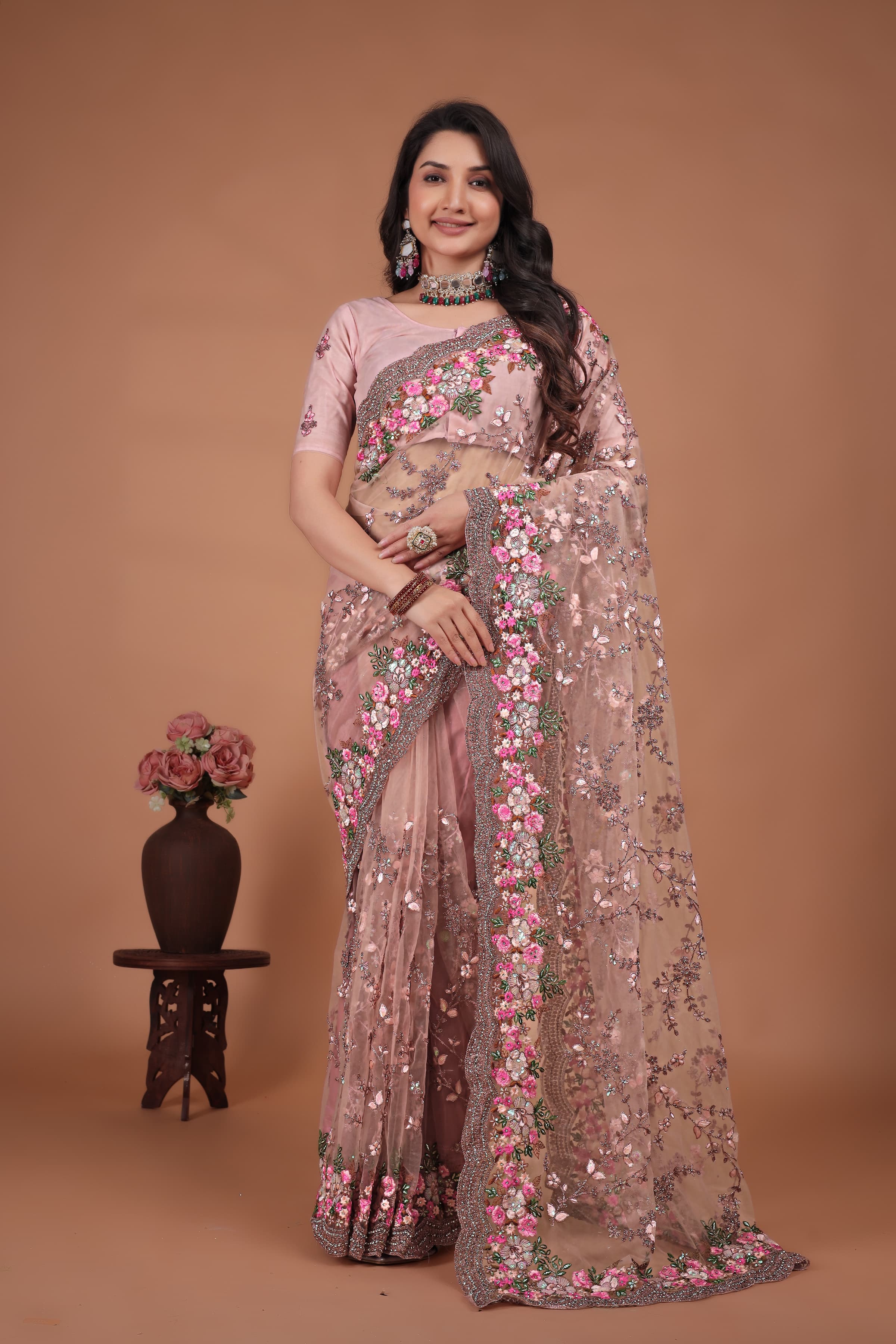 Ritual Styles Peach Swarovski Floral Embroidery Net Saree image 1