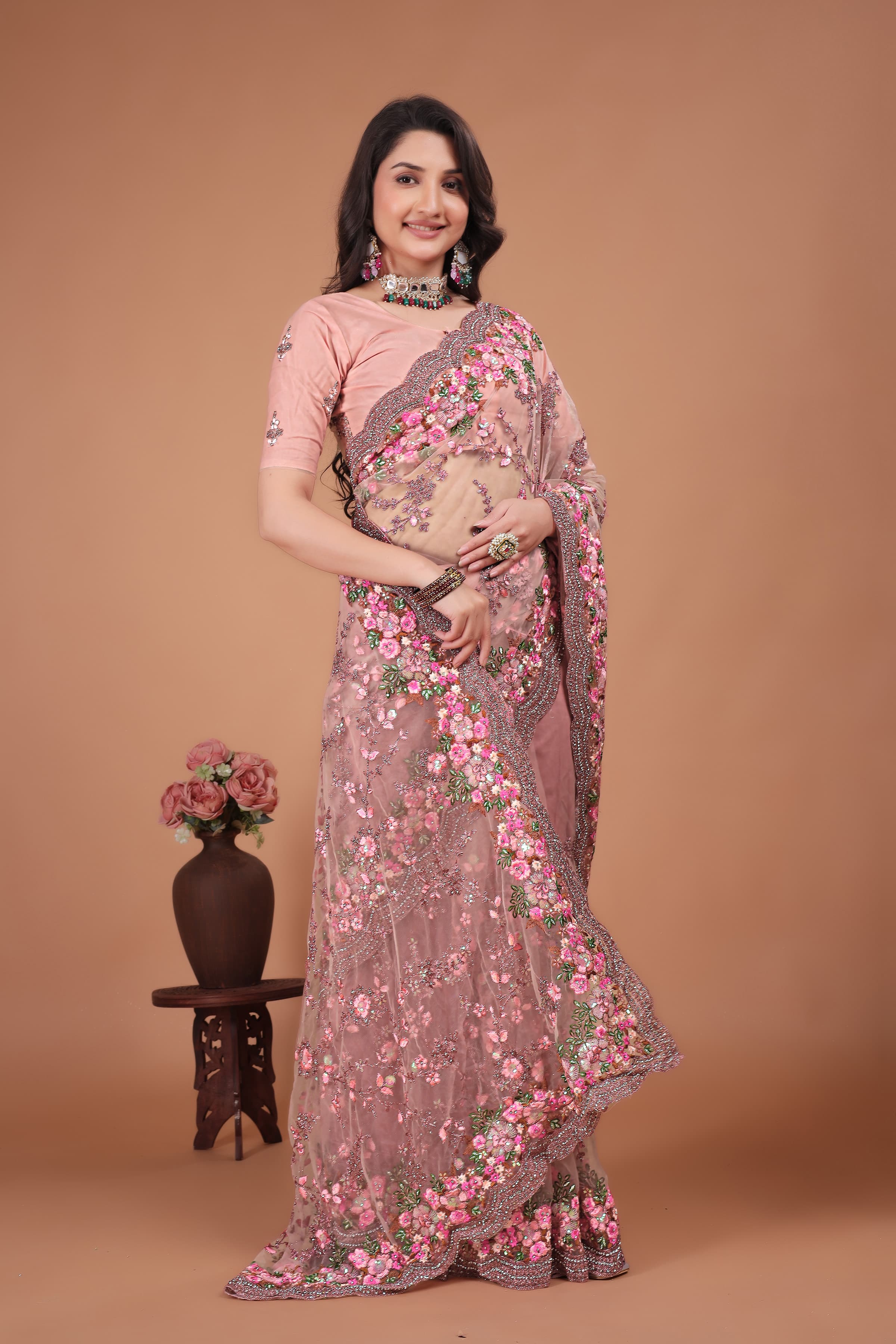 Ritual Styles Pink Swarovski Floral Embroidery Net Saree image 1