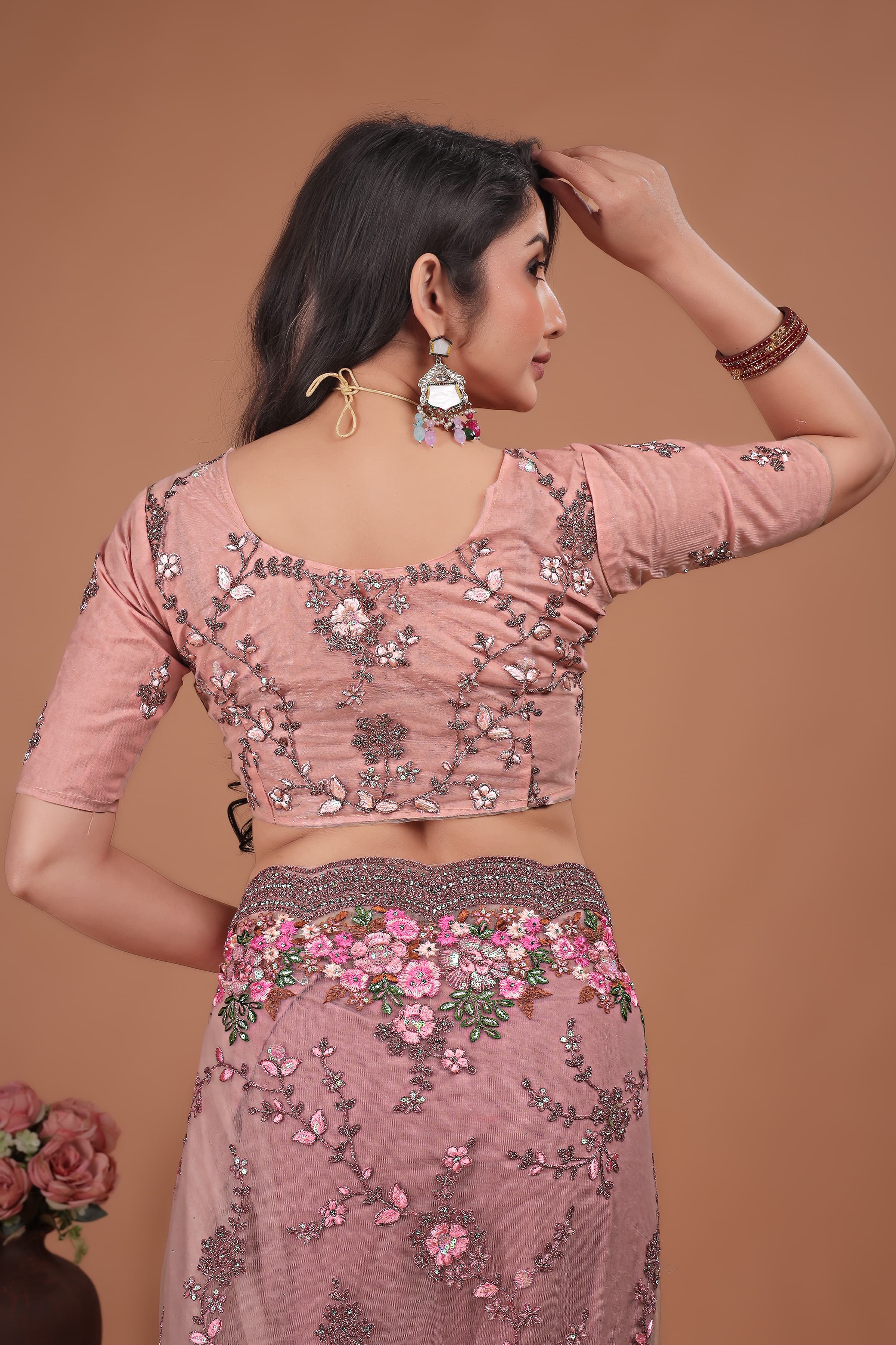 Ritual Styles Pink Swarovski Floral Embroidery Net Saree image 2