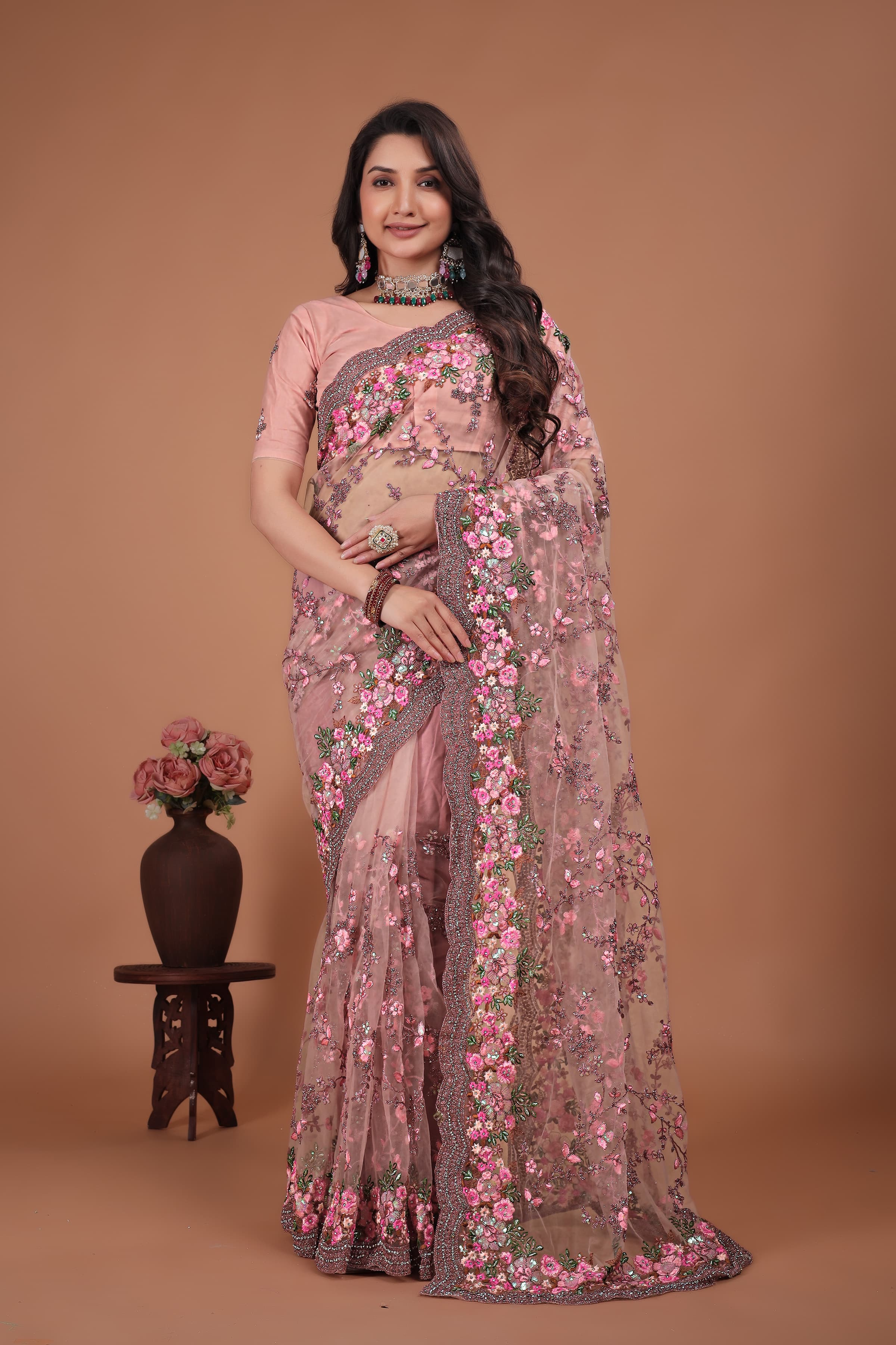 Ritual Styles Pink Swarovski Floral Embroidery Net Saree image 3