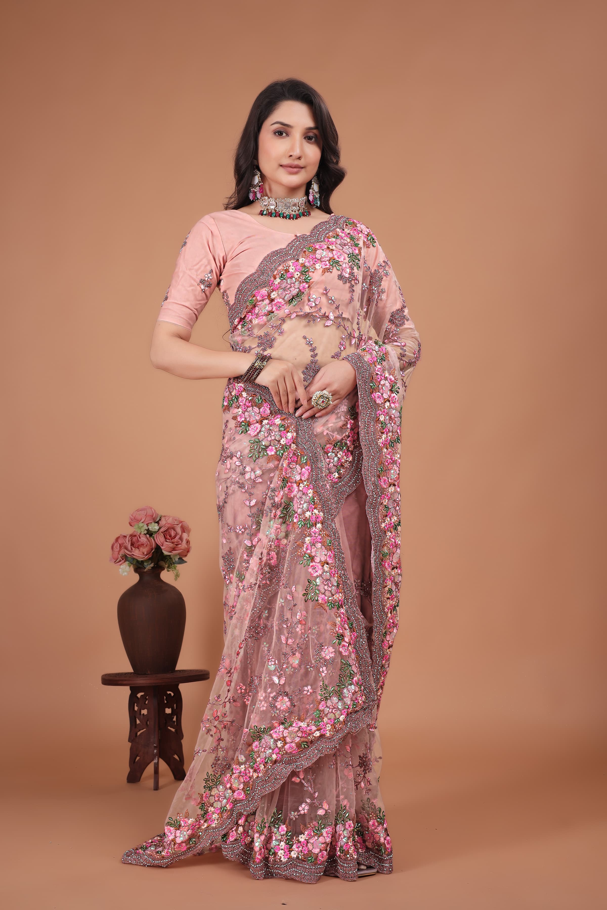 Ritual Styles Pink Swarovski Floral Embroidery Net Saree image 4