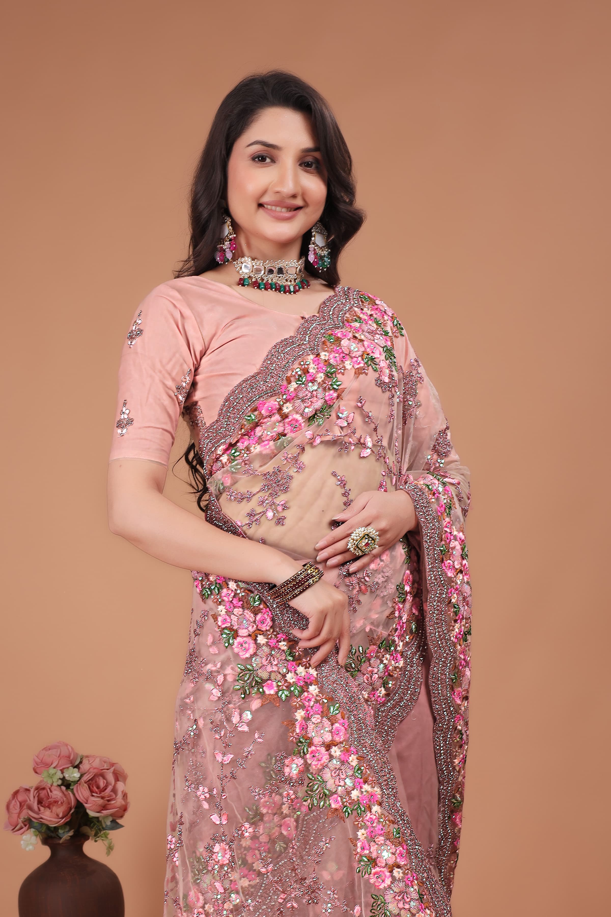Ritual Styles Pink Swarovski Floral Embroidery Net Saree image 5