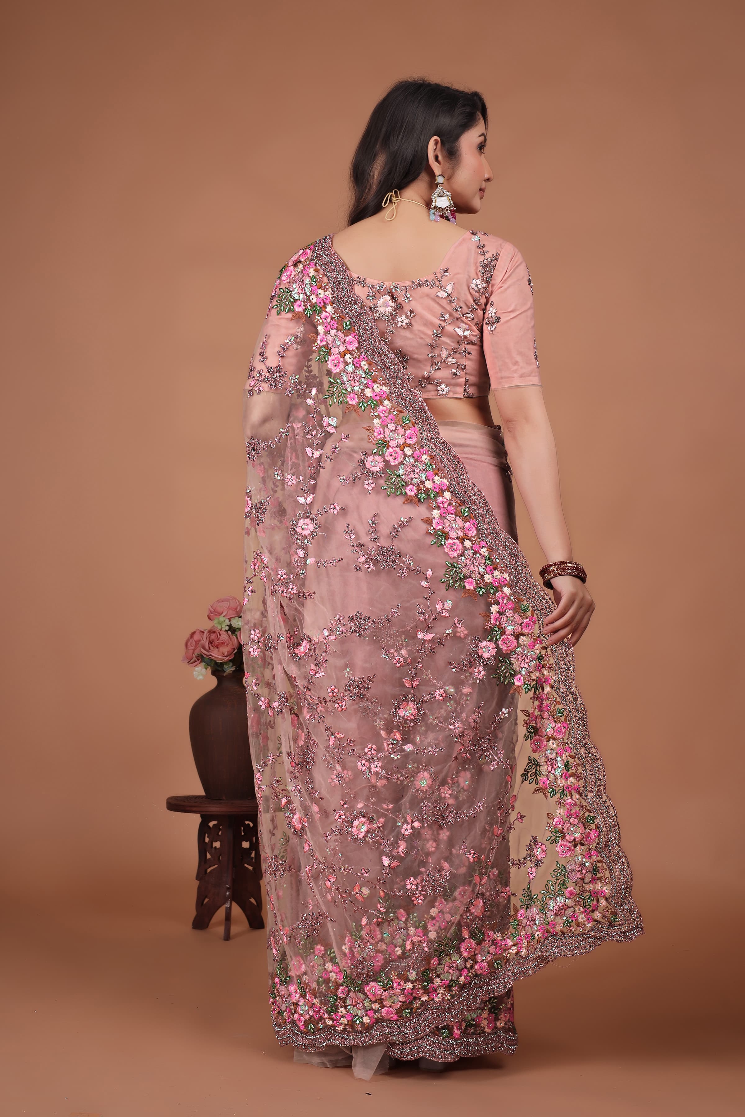 Ritual Styles Pink Swarovski Floral Embroidery Net Saree image 6