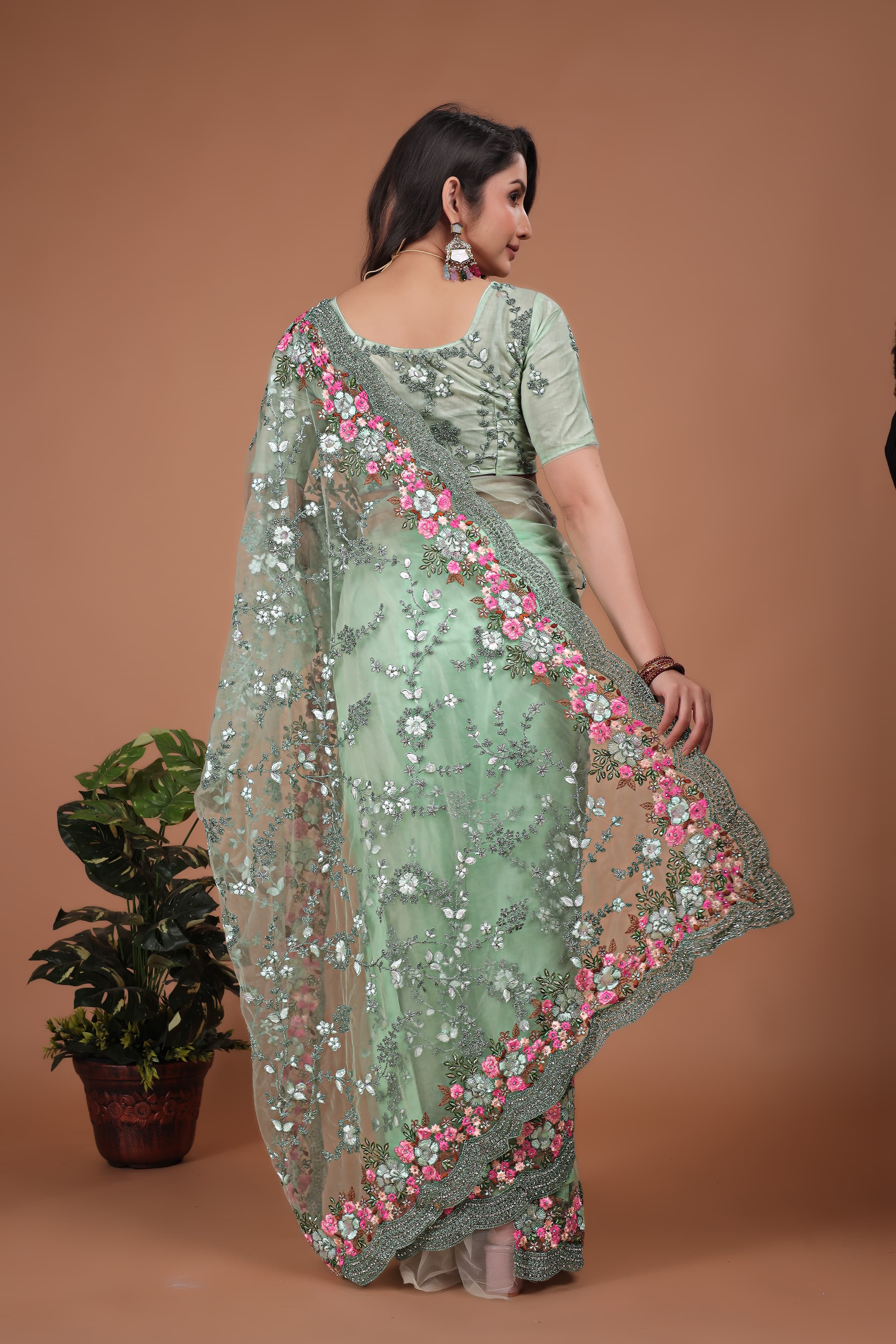 Ritual Styles Pista Green Swarovski Floral Embroidery Net Saree image 1