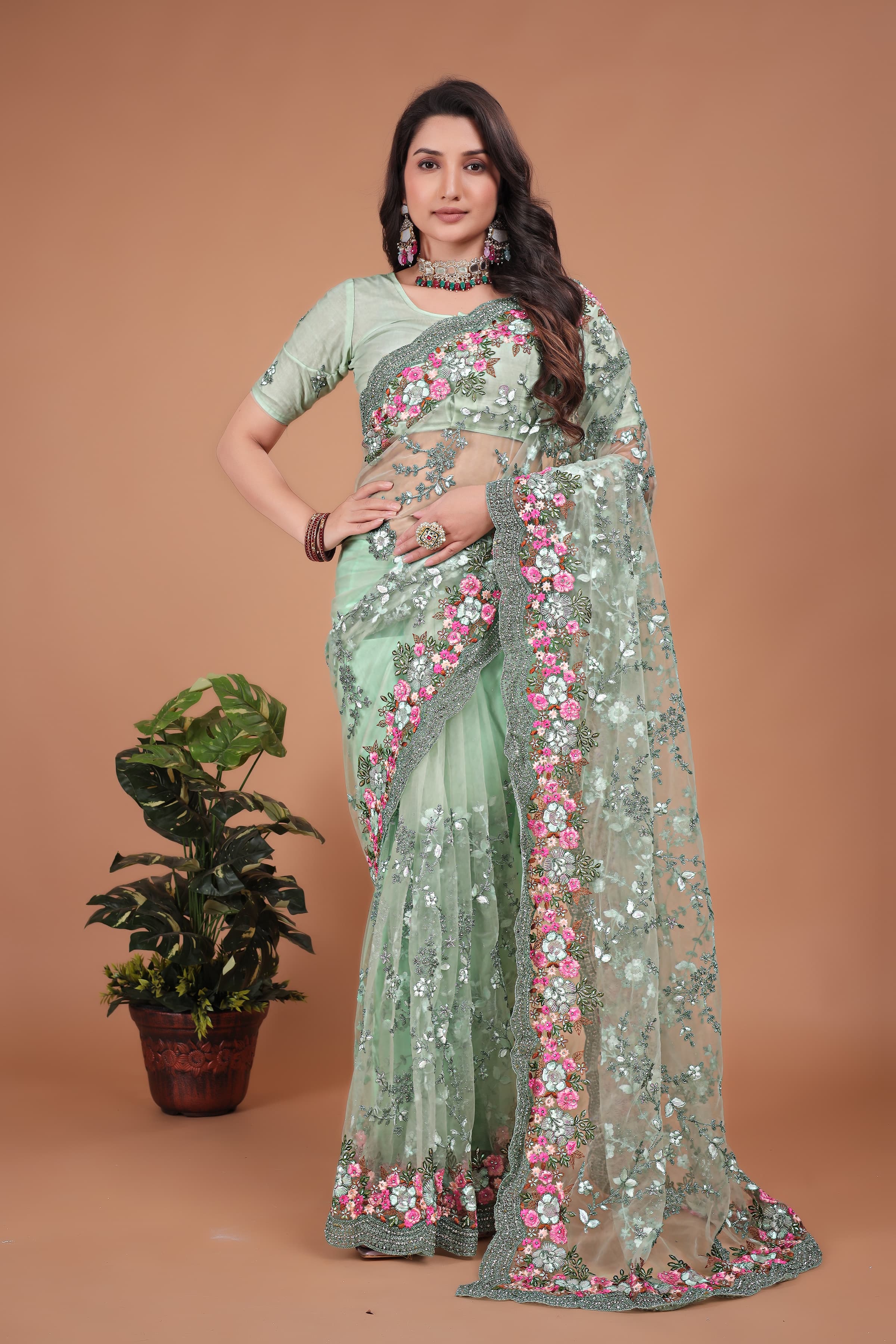 Ritual Styles Pista Green Swarovski Floral Embroidery Net Saree image 2