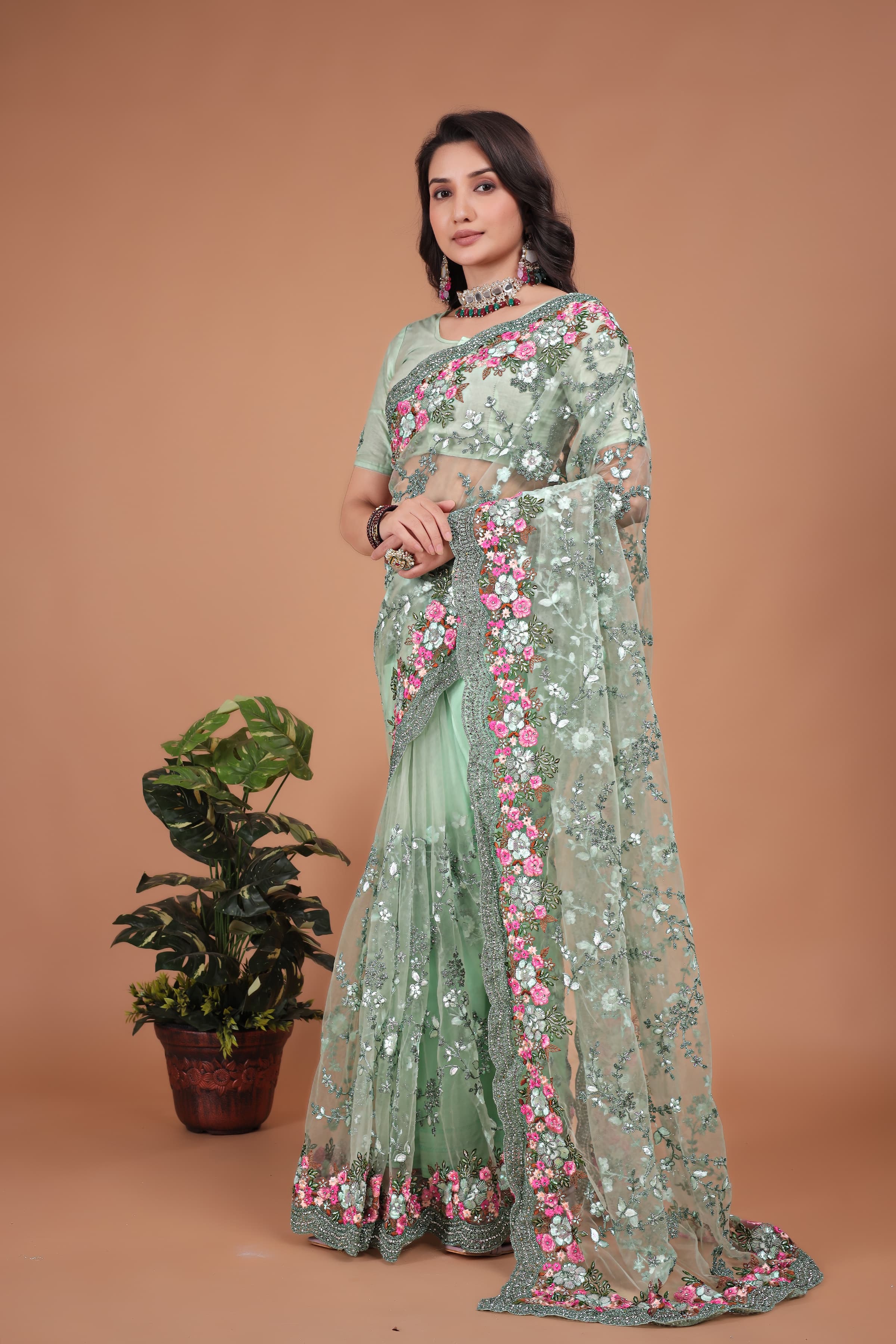 Ritual Styles Pista Green Swarovski Floral Embroidery Net Saree image 3