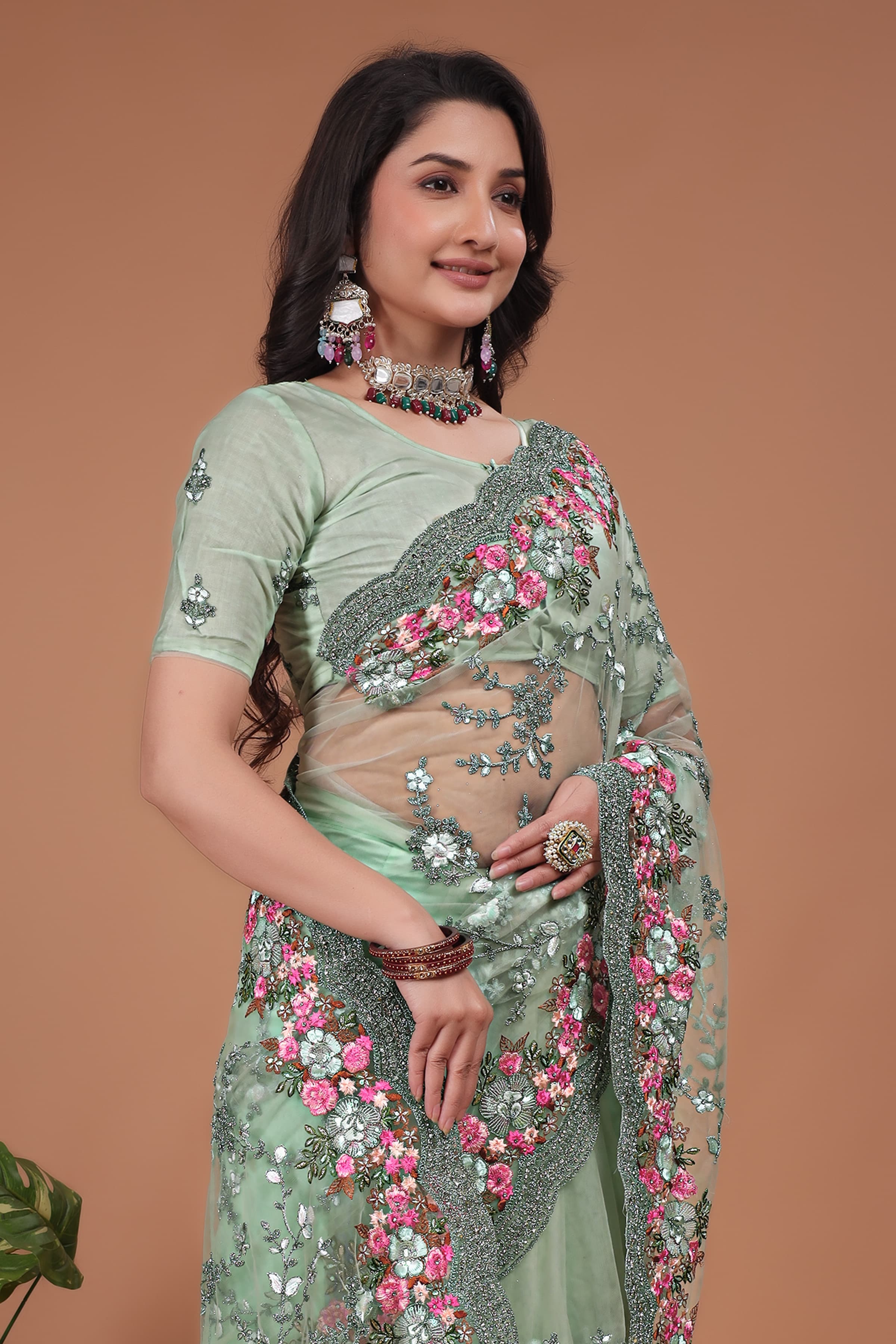 Ritual Styles Pista Green Swarovski Floral Embroidery Net Saree image 4