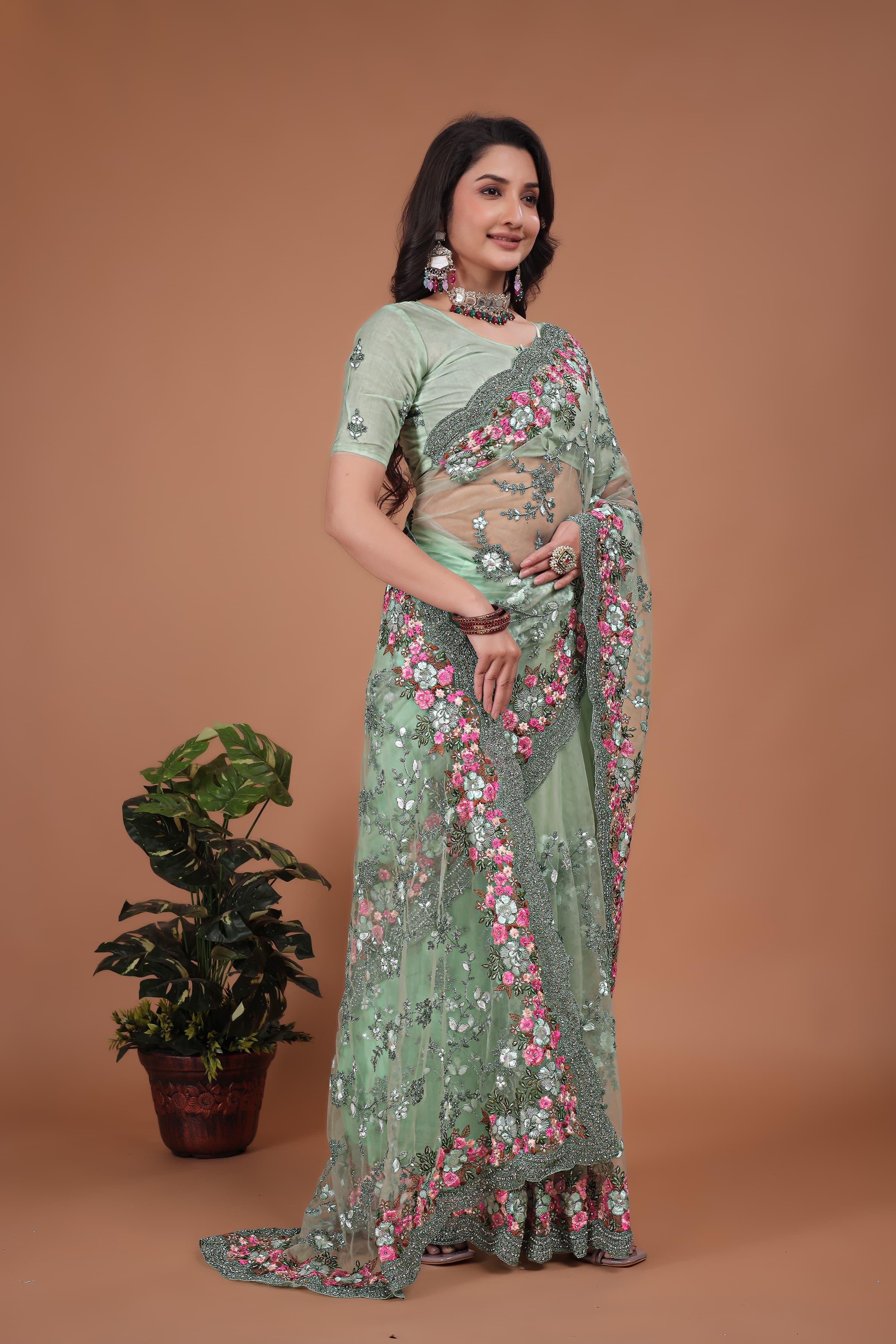 Ritual Styles Pista Green Swarovski Floral Embroidery Net Saree image 5