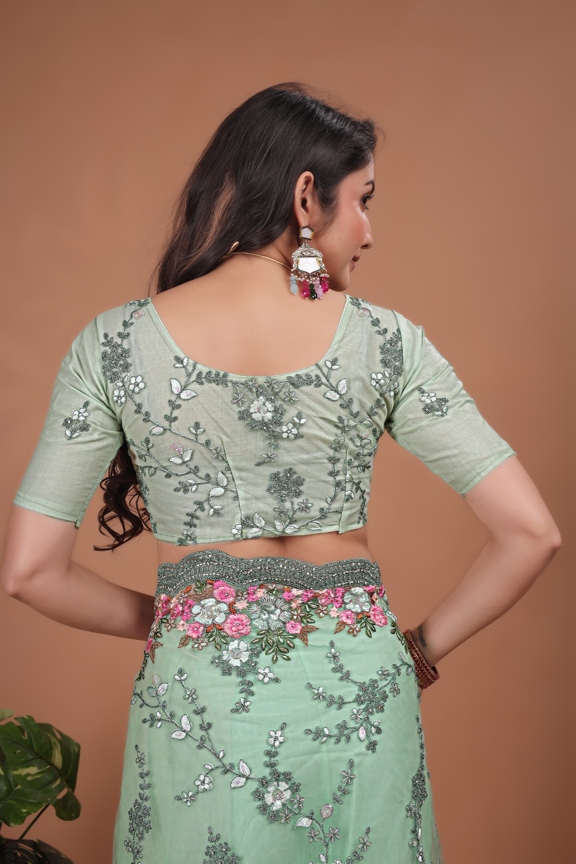 Ritual Styles Pista Green Swarovski Floral Embroidery Net Saree image 6
