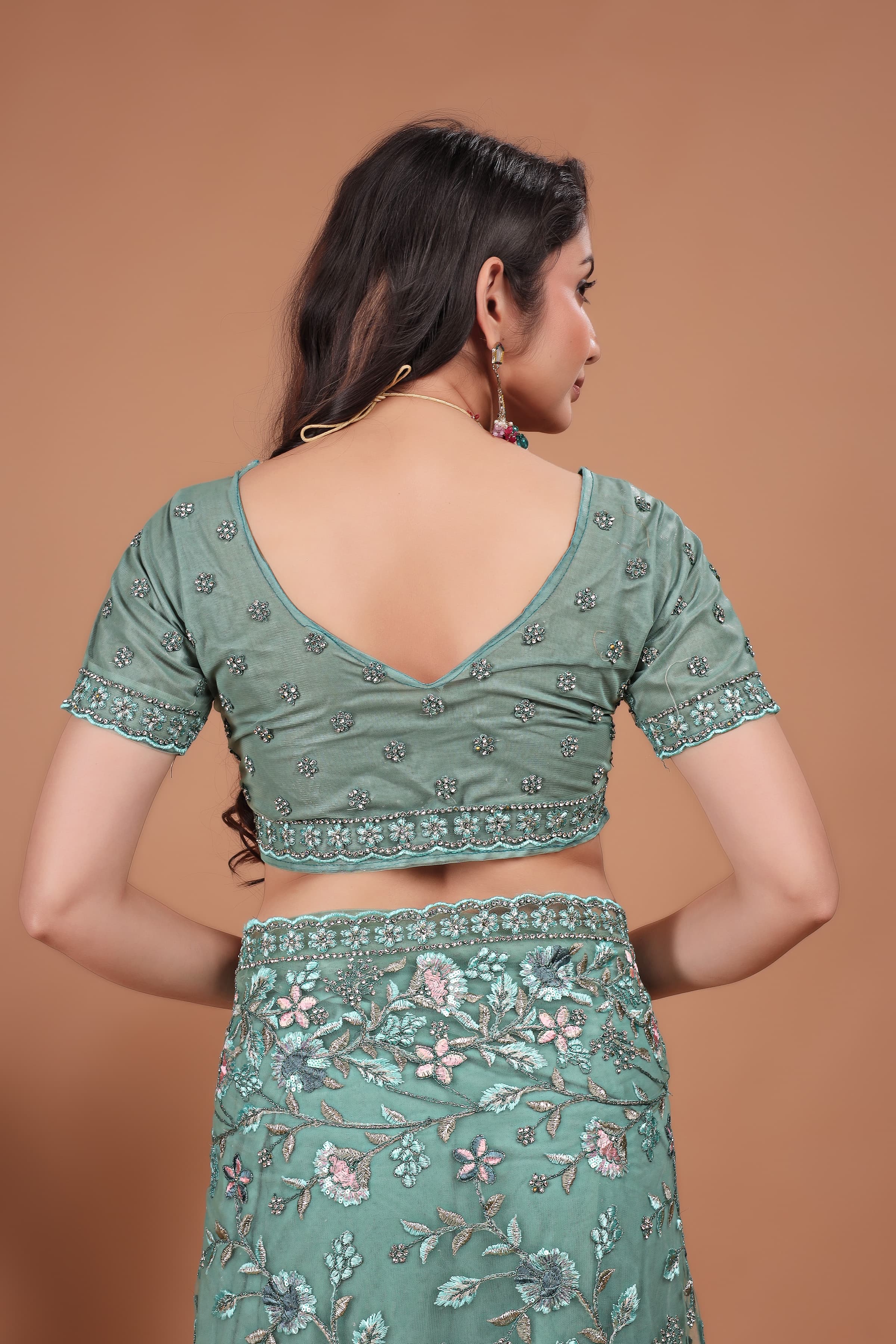 Ritual Styles Firozi Coading Swarovski Floral Embroidery Net Saree image 6