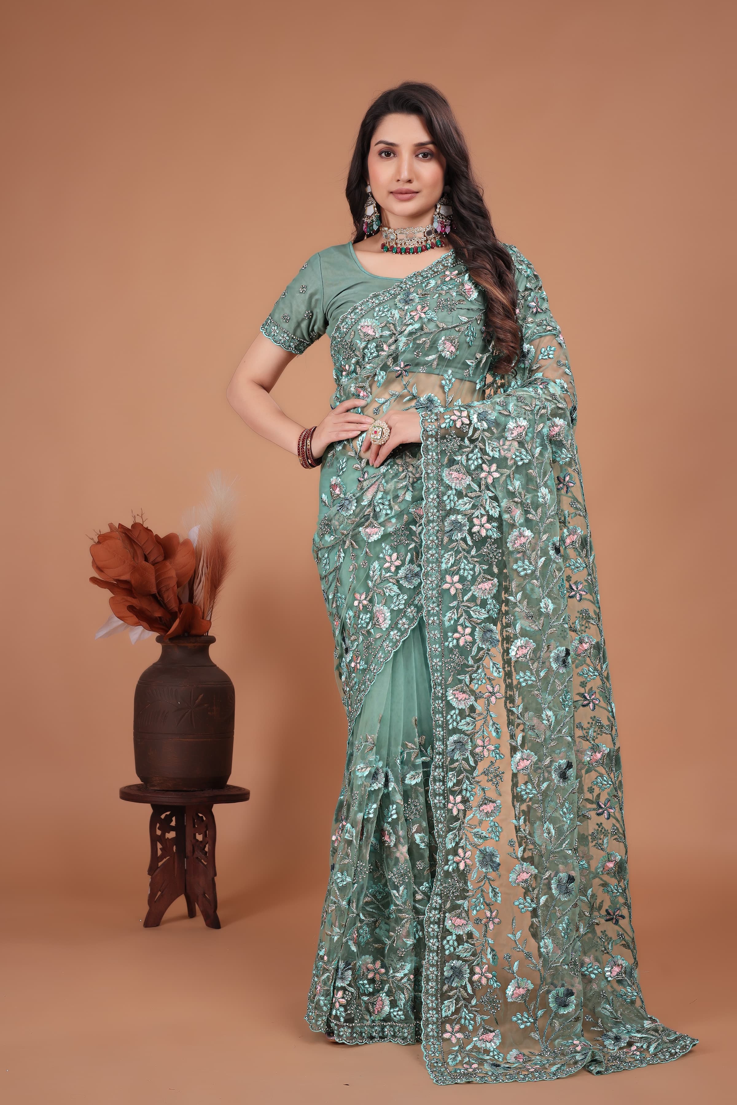 Ritual Styles Firozi Coading Swarovski Floral Embroidery Net Saree image 1